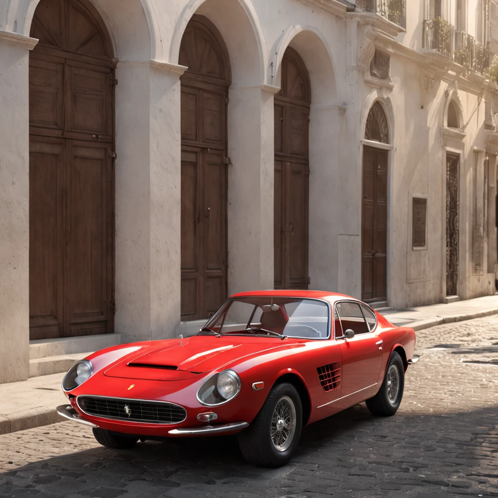(Professional 3D rendering) de (Realista:1.3) cinematic framing, apresentando uma Ferrari 280 GT vermelho, estacionado em uma rua, chuva molhado, ray tracing, hyper detalhado, Arte Deco, Super dynamic lighting heavy shadows, reflection of light,( Vibrando, fotografia realista, Dramatic, Crisp dark, 8k) (intrincado:1.4), decadente, (altamente detalhado:1.4), Pintura digital, Forza realistic 3D rendering, conceito-arte, liso, foco nítido, germe da arte, (Loish:0.23)
