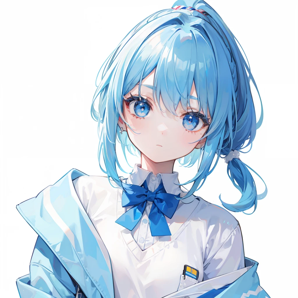 Anime girl with blue hair and blue bow tie holding a folder - SeaArt AI