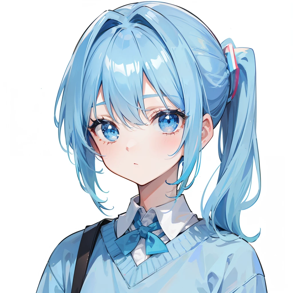 A head of powder blue hair,Short double ponytail,White collar,Colorful sweaters,Is a cute loli