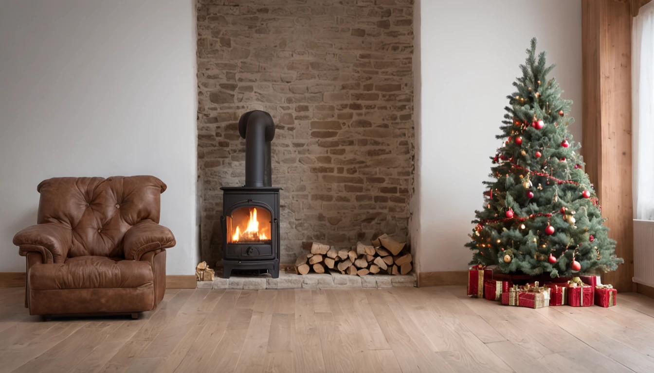 Foto RAW, mejor, obra maestra, mejor calidad, alta calidad, extremely detailed there RAW Photo, mejor calidad, A room with stone walls, pisos de madera. una chimenea en el frente, An armchair on the right side, A Christmas tree on the left side, una alfombra blanca en el piso, holiday vibe, ((Santa Claus leaving gifts on the tree)): 1.4,