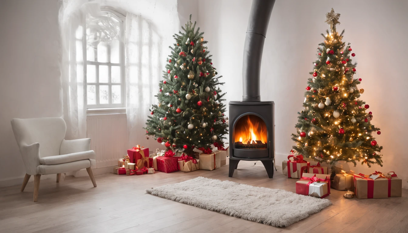 Foto RAW, mejor, obra maestra, mejor calidad, alta calidad, extremely detailed there RAW Photo, mejor calidad, A room with stone walls, pisos de madera. una chimenea en el frente, An armchair on the right side, A Christmas tree on the left side, una alfombra blanca en el piso, holiday vibe, ((Santa Claus leaving gifts on the tree)): 1.4,