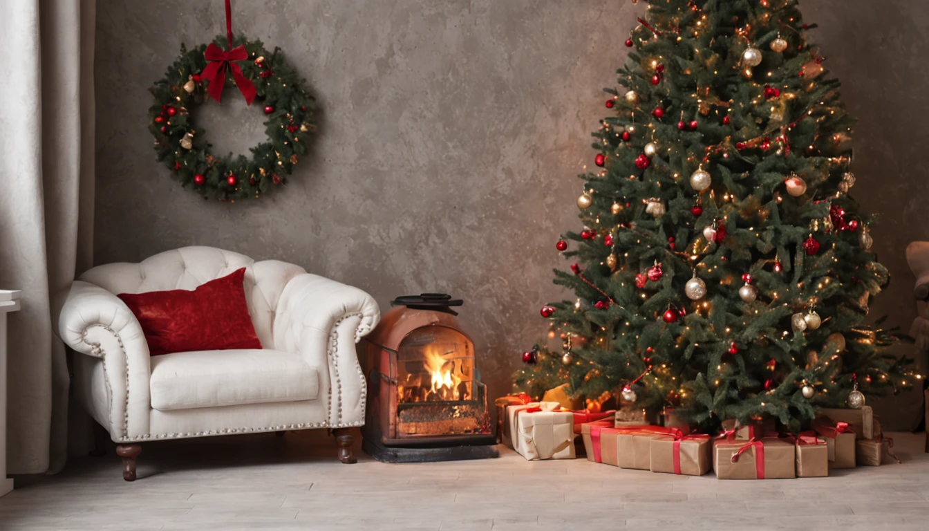 Foto RAW, mejor, obra maestra, mejor calidad, alta calidad, extremely detailed there RAW Photo, mejor calidad, A room with stone walls, pisos de madera. una chimenea en el frente, An armchair on the right side, A Christmas tree on the left side, una alfombra blanca en el piso, holiday vibe, ((Santa Claus leaving gifts on the tree)): 1.4,