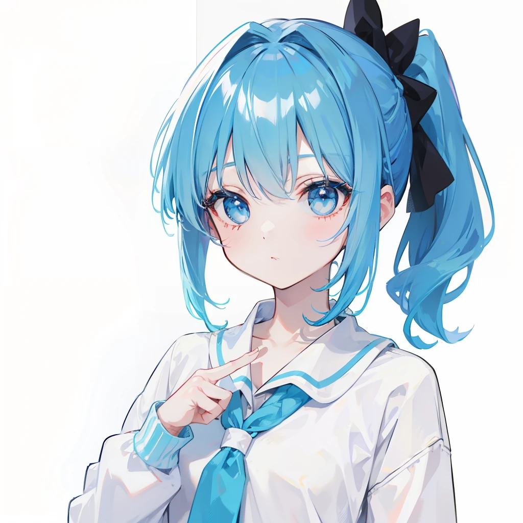 A head of powder blue hair,Short double ponytail,White collar,Colorful sweaters,Is a cute