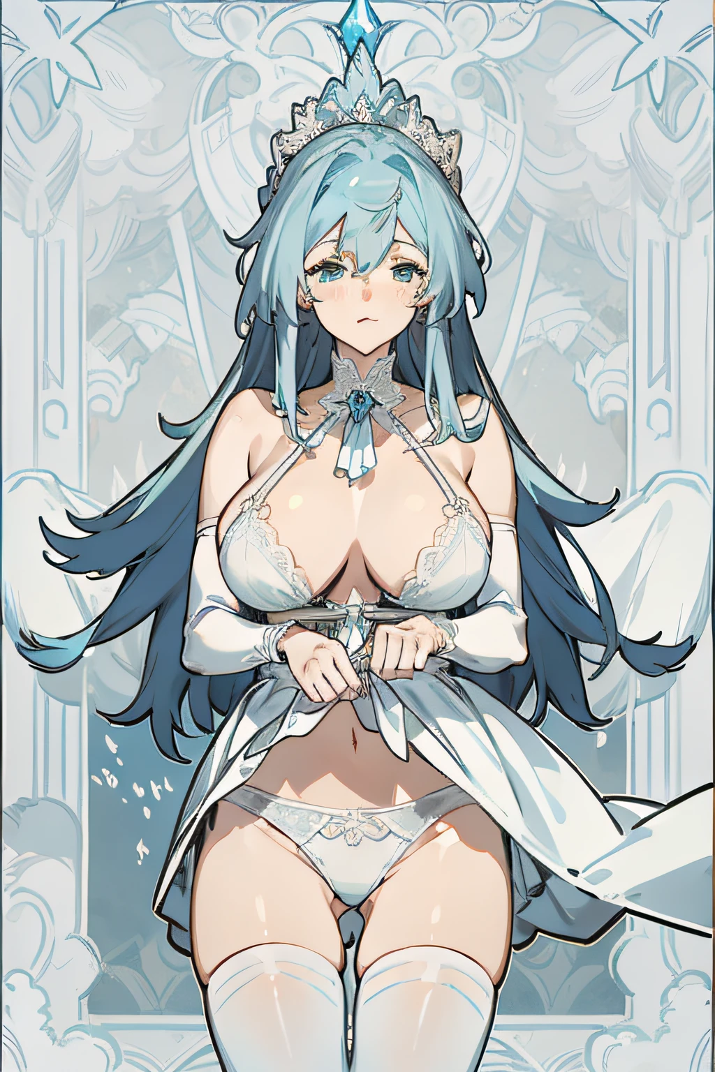 Light blue long-haired female magician,is a mature wife,She was a gentle aristocratic lady,huge tit,Wearing a white lace bra and white lace panties,Wearing white stockings