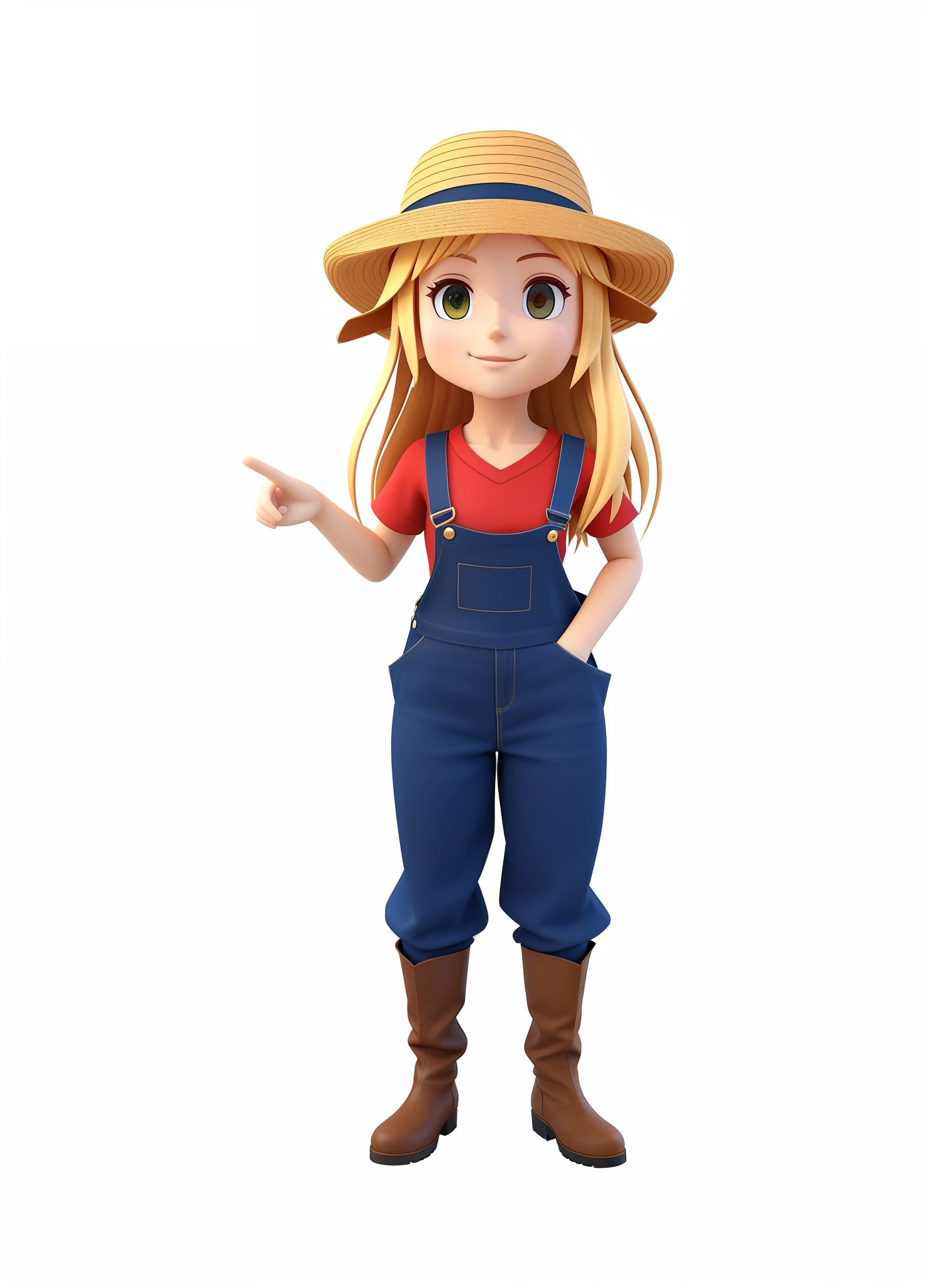 garota jovem, sorrindo, A closeup of a cartoon character wearing a straw hat, camiseta de flanela vermelha, blue denim overalls and brown leather boots, personagem estilizado, animation character, render 3d estilizado, Personagem 3D, Personagem altamente detalhado, Anime estilizado, 3D estilizado, render personagem, modelo de personagem, realistic right hand pointing to the side
