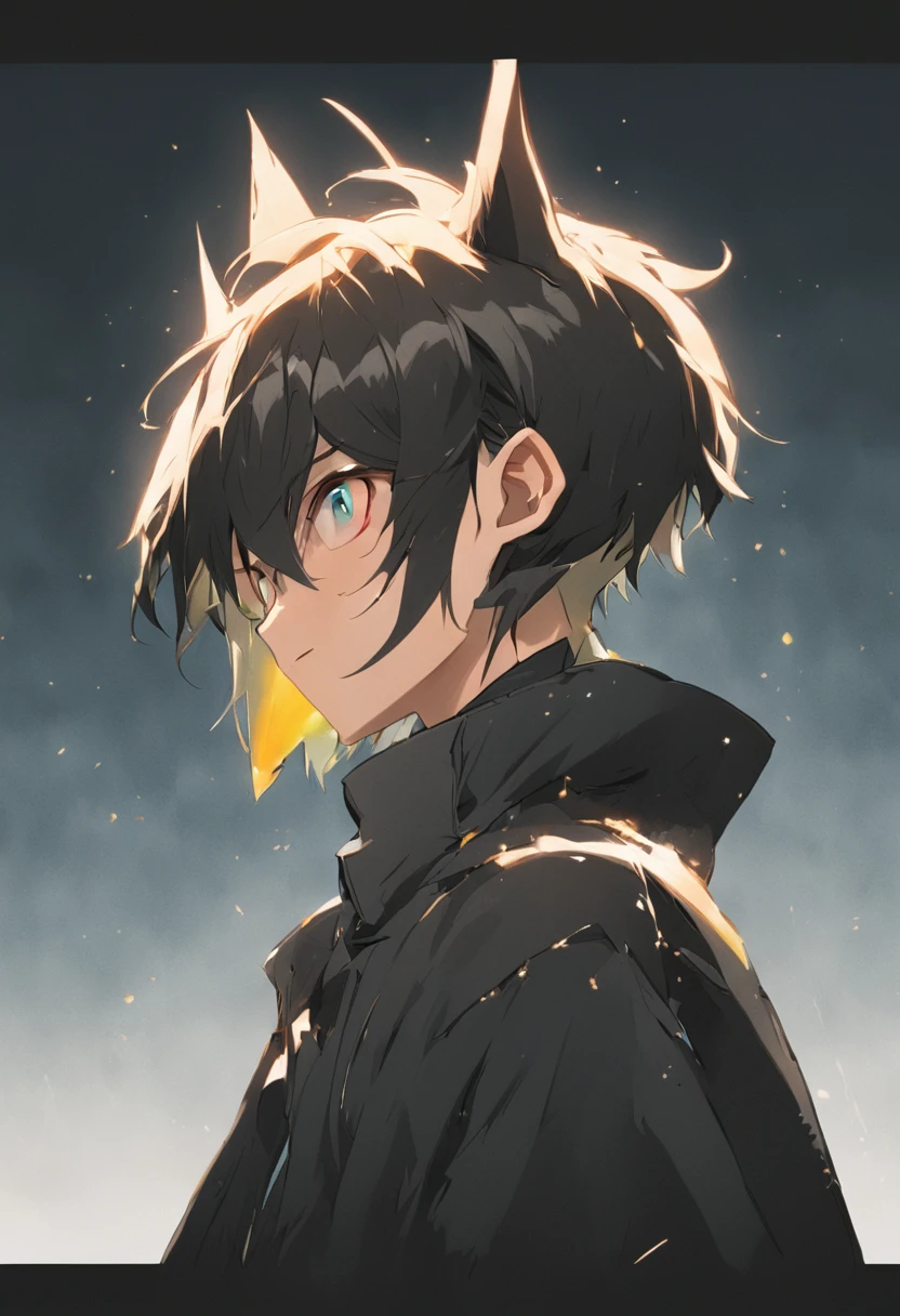 A boy, 20 years old, Dark gold clothing,, Gradient hair, ahoge, Asymmetrical hair, bangs, Black hair, hair behind ear, side locks, hair splayed out, Hairline, Antenna hair, mask removed, Gradient eyes, devil pupils, Light smile, tachi-e, Cowboy shot, From the side Side, retinas, Textured skin, Anatomically correct, Anatomically correct，full bodyesbian，Party mask in hand，