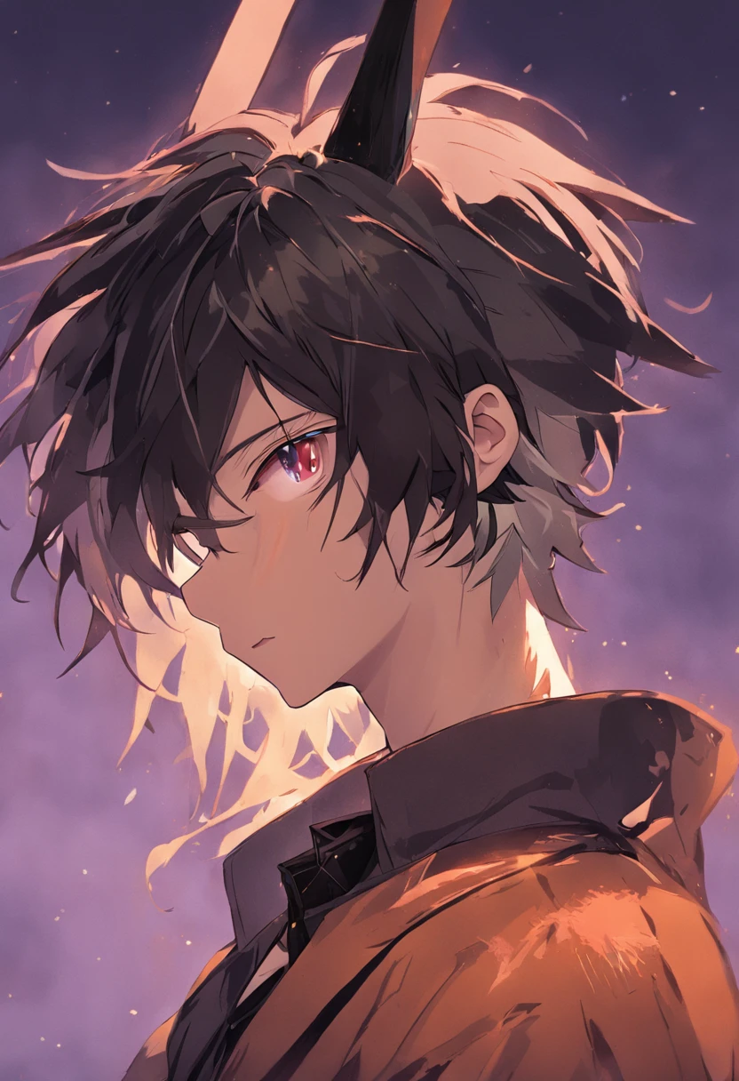 A boy, 20 years old, Dark gold clothing,, Gradient hair, ahoge, Asymmetrical hair, bangs, Black hair, hair behind ear, side locks, hair splayed out, Hairline, Antenna hair, mask removed, Gradient eyes, devil pupils, Light smile, tachi-e, Cowboy shot, From the side Side, retinas, Textured skin, Anatomically correct, Anatomically correct,full bodyesbian,Party mask in hand,