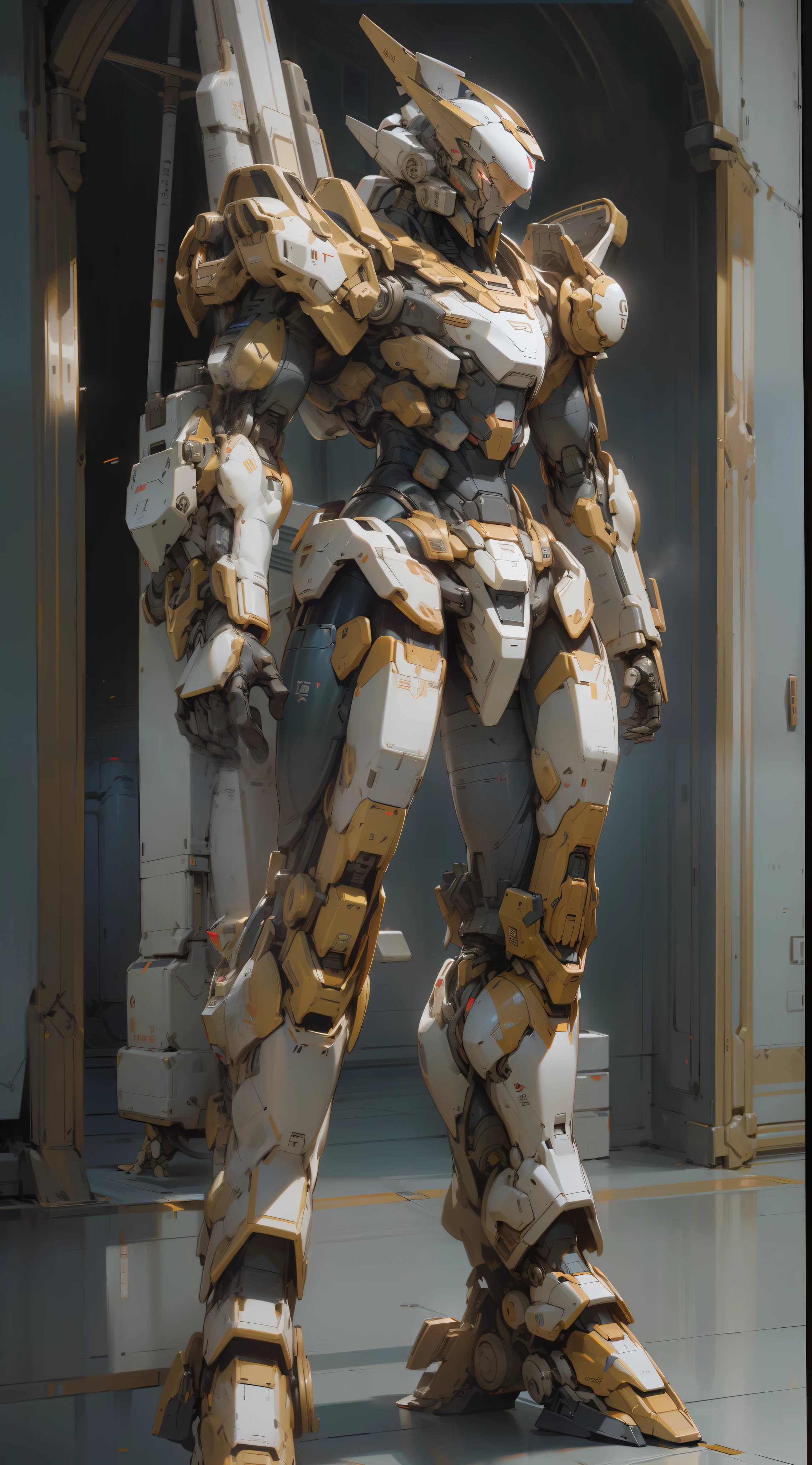 Raw photo, ultra high resolution,(Photorealistic:1.4), high detailing, Realism, Fujicolor, Image Fill, viewfinder, Eye-Level Shot, 8K, Super Detail, nffsw, retinas, masutepiece, Anatomically correct, Textured skin, high details, High quality, awardwinning, Best Quality, hight resolution, 16 K, Super Detail, nffsw, retinas, masutepiece, Anatomically correct, Textured skin, high details, High quality, awardwinning, Best Quality, hight resolution, 16 K, Science fiction, Ultra-realistic, Humanoid robots that can ride humans, New Mobile Suit, Gundam, Production model, Inside the hangar of a space battleship, Maintenance scene, Forehead V-shaped blade antenna, Dual Eye Optical Sensor, Red face guard on chin, Cool, Looks strong, Equipped with a beam rifle and shield, Total height 18 meters, A pair of exhaust heat ducts on the left and right sides of the chest, Cockpit hatch in the abdomen, Smart and cool, Feeling of dignity, Calm production, Dramatic Lighting, 10 head body, It has wings, blade antennas, and sensors on its back, ultra-precise drawing, ultra-precise depiction, Large shoulder armor with thrusters on both shoulders, Equipped with a shield in the left hand, holding a rifle in the right hand,