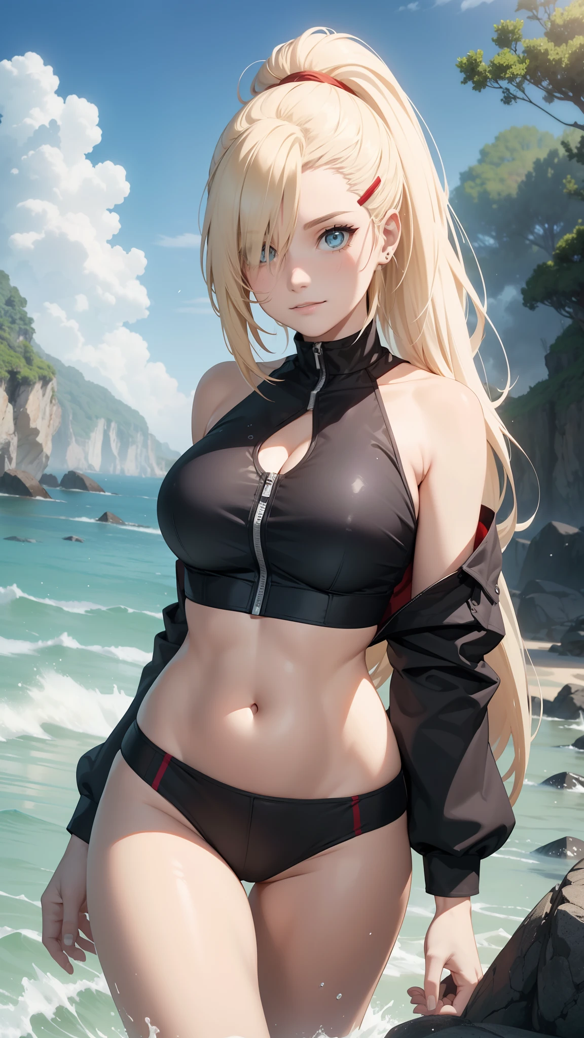"the Extremely Detailed CG Unity 8K Wallpapers,tmasterpiece,Best picture quality,【😊Colored Forest,depth of fields,Lots of splashing droplets:1.2,petals,Toys surround,ventania,Foliage,grassy fields,volumettic light】blond hairbl,Be red in the face,ssmile,Half of your body is in water,naruto,Ino,Off-the-shoulder attire,bangs cover one eye,fat,looks into camera,sea beach,swim wears,clouds,sandbeach,