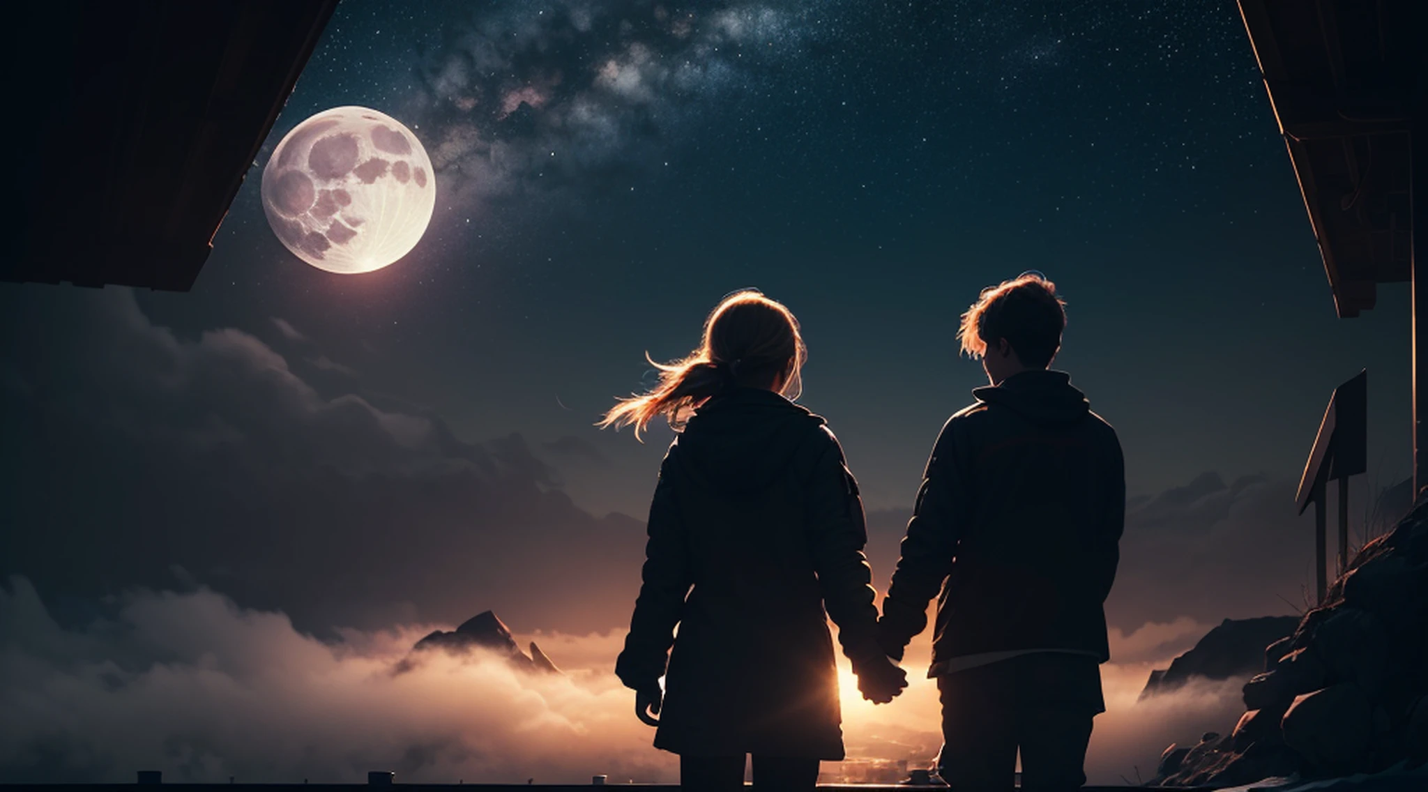 A couple holding hands, (ultra-detailed:1.5), cinematic angle, floating, (detailed light), beautifully detailed sky, (moonlight), starry sky, (lighting particle), fog, snow, (painting), (sketch), Screen 16:9, lifelike texture, Hires upscale: 1.7, Hires upscaler: 4x_NMKD-Siax_200k, Denoising strength: 0.45, (extremely detailed CG unity 64k wallpaper:1.1), (illustration), cinematic lighting, (bloom), Luminism, silhouette, 16k, (((masterpiece))), (((best quality)))