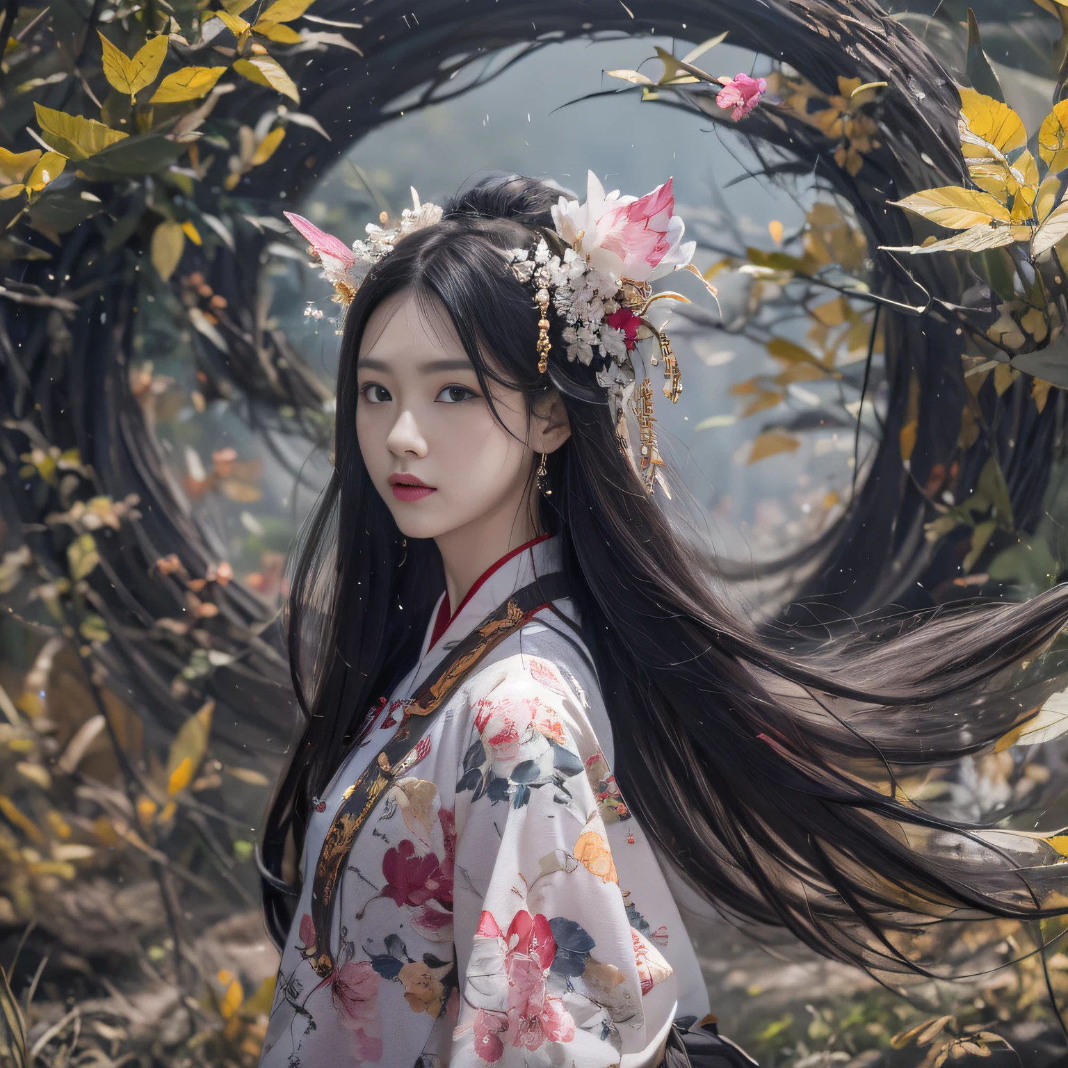 32K（tmasterpiece，k hd，hyper HD，32K）Long flowing black hair，ponds，zydink， a color，  Xuzhou people （seductiv）， （Scarlet and silver-white scarf）， Combat posture， looking at the ground， long whitr hair， Floating hair， Carp pattern headdress， Chinese long-sleeved cheongsam， （Abstract gouache splash：1.2）， Pink petal background，Pink and white lotus flowers fly（realisticlying：1.4），Black color hair，Fallen leaves flutter，The background is pure， A high resolution， the detail， RAW photogr， Sharp Re， Nikon D850 Film Stock Photo by Jefferies Lee 4 Kodak Portra 400 Camera F1.6 shots, Rich colors, ultra-realistic vivid textures, Dramatic lighting, Unreal Engine Art Station Trend, cinestir 800，Long flowing black hair，see-through transparent clothes