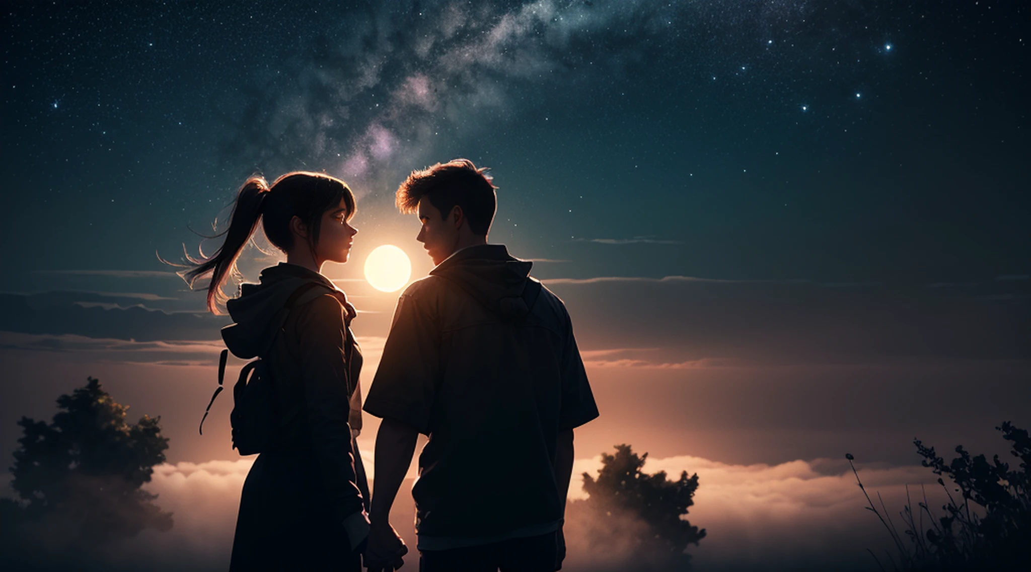 A couple holding hands, (ultra-detailed:1.5), cinematic angle, floating, (detailed light), beautifully detailed sky, (moonlight), starry sky, (lighting particle), fog, snow, (painting), (sketch), Screen 16:9, lifelike texture, Hires upscale: 1.7, Hires upscaler: 4x_NMKD-Siax_200k, Denoising strength: 0.45, (extremely detailed CG unity 64k wallpaper:1.1), (illustration), cinematic lighting, (bloom), Luminism, silhouette, 16k, (((masterpiece))), (((best quality)))