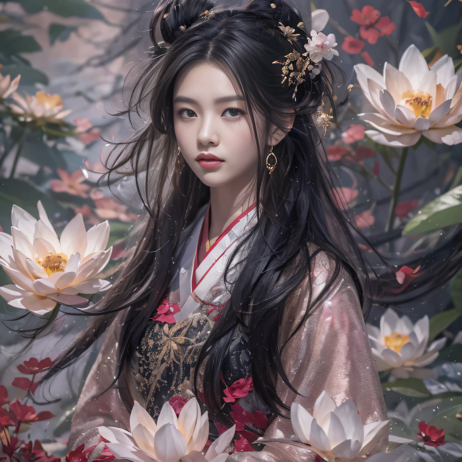 32K(tmasterpiece,k hd,hyper HD,32K)Long flowing black hair,ponds,zydink, a color, Xuzhou people (seductiv), (Scarlet and silver-white scarf), Combat posture, looking at the ground, long whitr hair, Floating hair, Carp pattern headdress, Chinese long-sleeved cheongsam, (Abstract gouache splash:1.2), Pink petal background,Pink and white lotus flowers fly(realisticlying:1.4),Black color hair,Fallen leaves flutter,The background is pure, A high resolution, the detail, RAW photogr, Sharp Re, Nikon D850 Film Stock Photo by Jefferies Lee 4 Kodak Portra 400 Camera F1.6 shots, Rich colors, ultra-realistic vivid textures, Dramatic lighting, Unreal Engine Art Station Trend, cinestir 800,Long flowing black hair,see-through transparent clothes