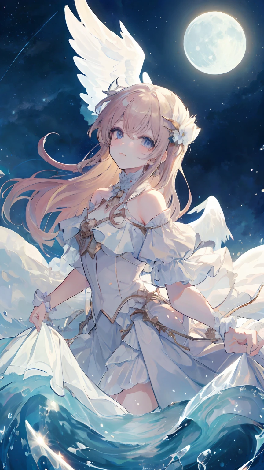 a beauty girl,angelicales,a white long skirt,Suspended in the air,The stars and the moon shine,k hd,eye closeds,feater