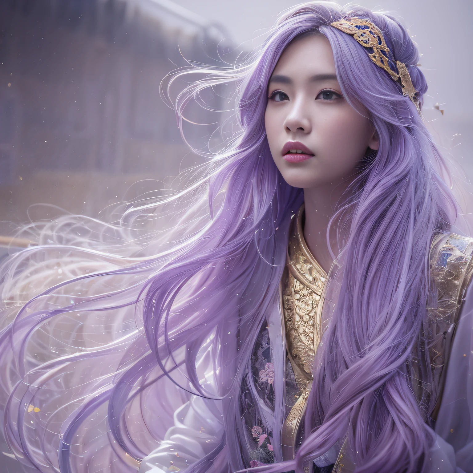 32K(tmasterpiece,k hd,hyper HD,32K)Long flowing lilac hair,Back basement,zydink, a color, Xuzhou people (Raised sexy), (Burgundy silk scarf), Combat posture, looking at the ground, long whitr hair, Floating cloves, Fire cloud pattern light gold headdress, Chinese long-sleeved gold silk garment, (abstract ink splash:1.2), smoky background,Lotus protector(realisticlying:1.4),lilac purple hair,Fog on the road,smoke in the background, A high resolution, the detail, RAW photogr, Sharp Re, Nikon D850 Film Stock Photo by Jefferies Lee 4 Kodak Portra 400 Camera F1.6 shots, Rich colors, ultra-realistic vivid textures, Dramatic lighting, Unreal Engine Art Station Trend, cinestir 800,Long flowing lilac hair,Light transparent clothes