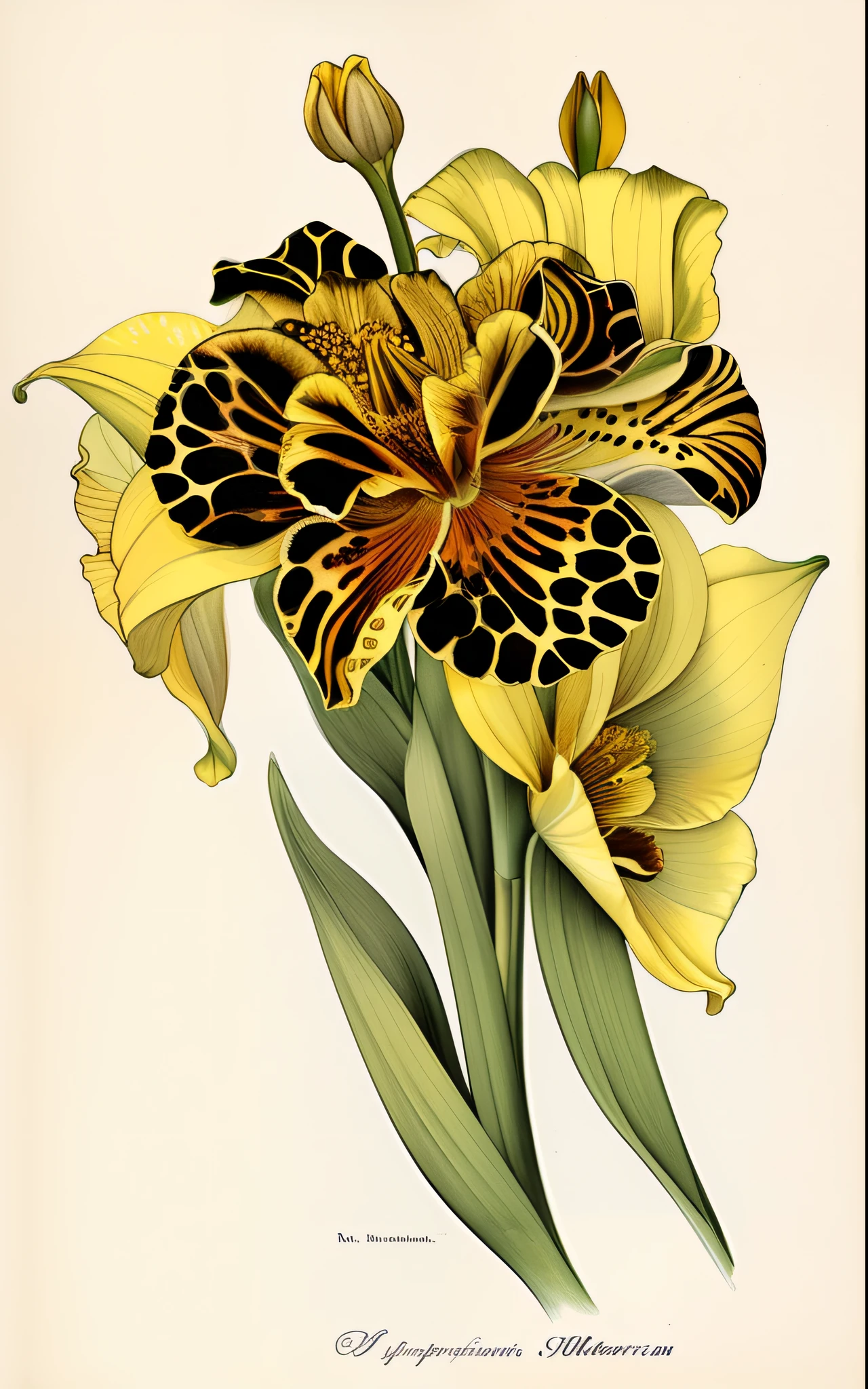There is a drawing of a yellow flower with black spots, botanico, full-colour illustration, gravura em litografia colorida, full-colour illustration, Maria Sybilla Merian, botanical illustration, Directed by: Elizabeth Jane Lloyd, yellow irises, Arte ilustrativa de 1900, full-colour illustration, Iris Compiet, irises, botanical art, botanical art, Directed by: Julius Exner, flor, orquidea