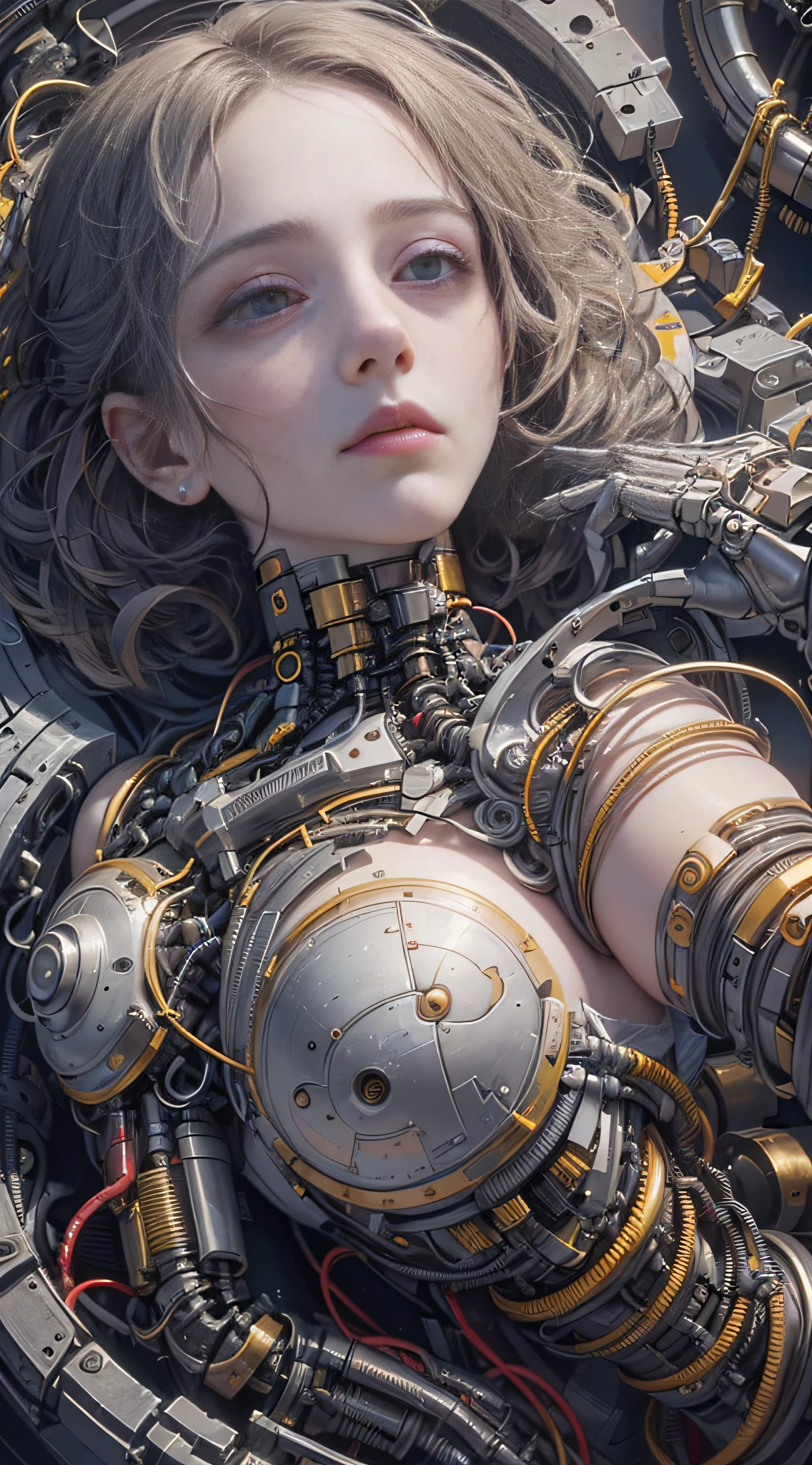 (Masterpiece, top quality, best quality, official art, Beauty and Aesthetics: 1.2), (1 Girl: 1.3), Very Detailed, Colorful, Most Detailed ((Super Detailed)), (Highly Detailed CG Illustration), (Very Delicate and Beautiful), (From the Front), Cinema Light, ((1 Mechanical Girl)), Single, Complete, (Machine-Made Joints: 1.2), ((Mechanical Limbs)), (Many Mechanical Tentacles), (Tied), (True), (True Nipples), (Blood Vessels Attached to Tubes), (Mechanical Vertebrae Attached to the Back) , (real breasts), (real, (exposed, ((mechanical cervical vertebrae attached to his neck)), (lying on his stomach), (legs open), (expressionless, (wires and cables connected to the neck: 1.2), (wires and cables connected to the head: 1.2) (character focus), science fiction, black background, (mucus: 1.5)