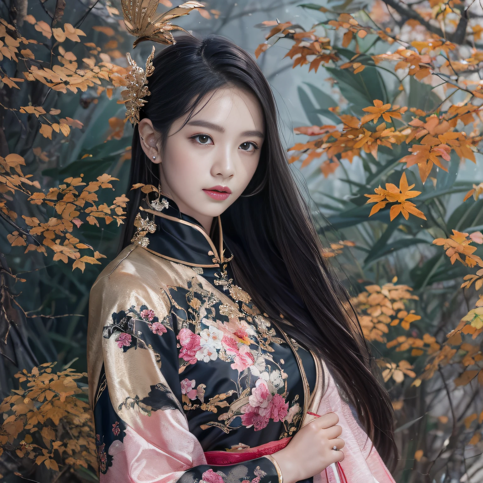 32K(tmasterpiece,k hd,hyper HD,32K)Long flowing black hair,ponds,zydink, a color, Xuzhou people (seductiv), (Flush female blood silk scarf), Combat posture, looking at the ground, long whitr hair, Floating hair, Carp pattern headdress, Chinese long-sleeved cheongsam, (Abstract gouache splash:1.2), Pink petal background,Pink and white lotus flowers fly(realisticlying:1.4),Black color hair,Fallen leaves flutter,The background is pure, A high resolution, the detail, RAW photogr, Sharp Re, Nikon D850 Film Stock Photo by Jefferies Lee 4 Kodak Portra 400 Camera F1.6 shots, Rich colors, ultra-realistic vivid textures, Dramatic lighting, Unreal Engine Art Station Trend, cinestir 800,Long flowing black hair,see-through transparent clothes