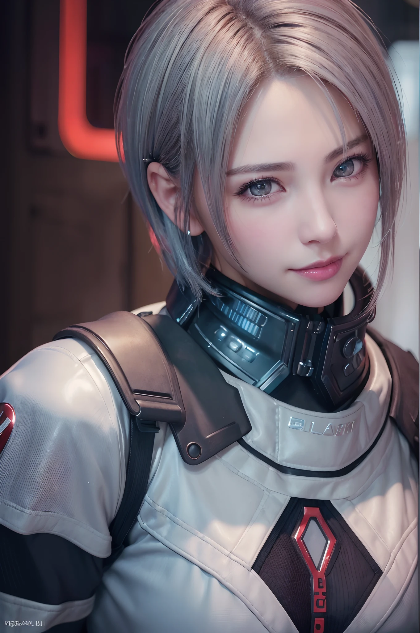 (8k, photorealistic, RAW photo, top quality: 1.4), (1girl), super beautiful, (realistic face), (boyish, silver-colored berry short hair), beautiful cyberpunk suit, glares seducing viewer, beautiful expression, beautiful breasts, (realistic skin), beautiful smile, (soldier), attractive, ultra high resolution, ultra realistic, high definition, spoiled