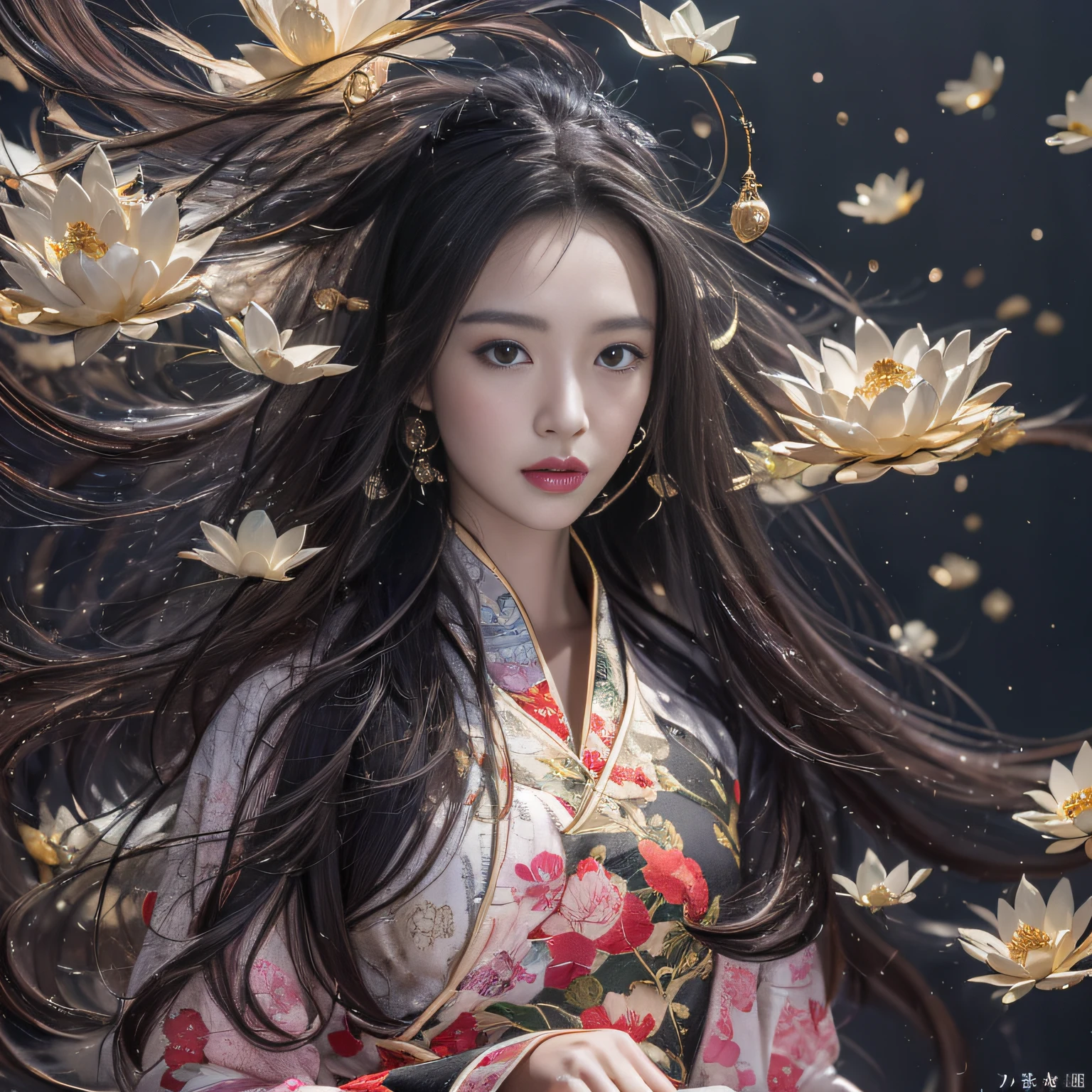 32K（tmasterpiece，k hd，hyper HD，32K）Long flowing black hair，ponds，zydink， a color，  Xuzhou people （seductiv）， （Flush female blood silk scarf）， Combat posture， looking at the ground， long whitr hair， Floating hair， Carp pattern headdress， Chinese long-sleeved cheongsam， （Abstract gouache splash：1.2）， Pink petal background，Pink and white lotus flowers fly（realisticlying：1.4），Black color hair，Fallen leaves flutter，The background is pure， A high resolution， the detail， RAW photogr， Sharp Re， Nikon D850 Film Stock Photo by Jefferies Lee 4 Kodak Portra 400 Camera F1.6 shots, Rich colors, ultra-realistic vivid textures, Dramatic lighting, Unreal Engine Art Station Trend, cinestir 800，Long flowing black hair，see-through transparent clothes