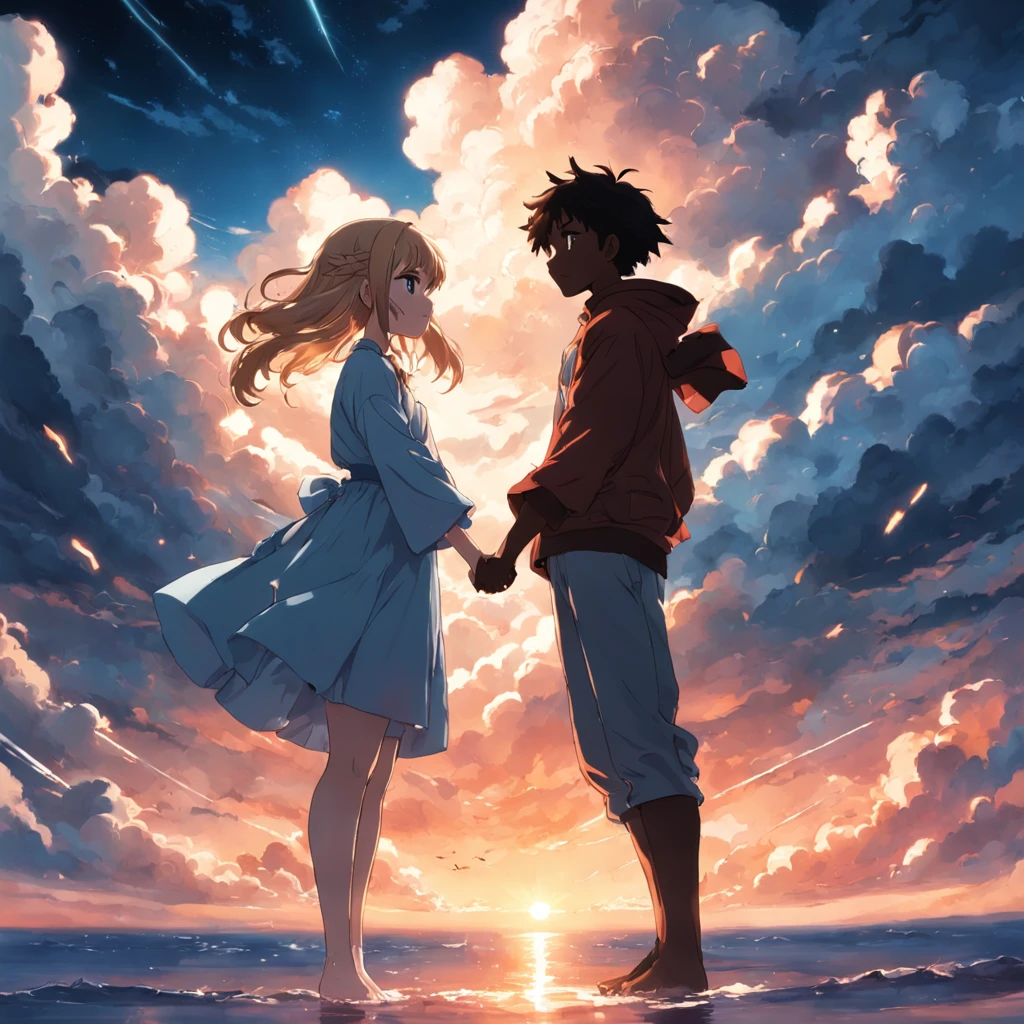masterpiece, best quality, movie still, couple, black boy, white girl, cloud couple, floating in the sky, close-up, bright, happy, warm soft lighting, sunset, (sparks:0.7)