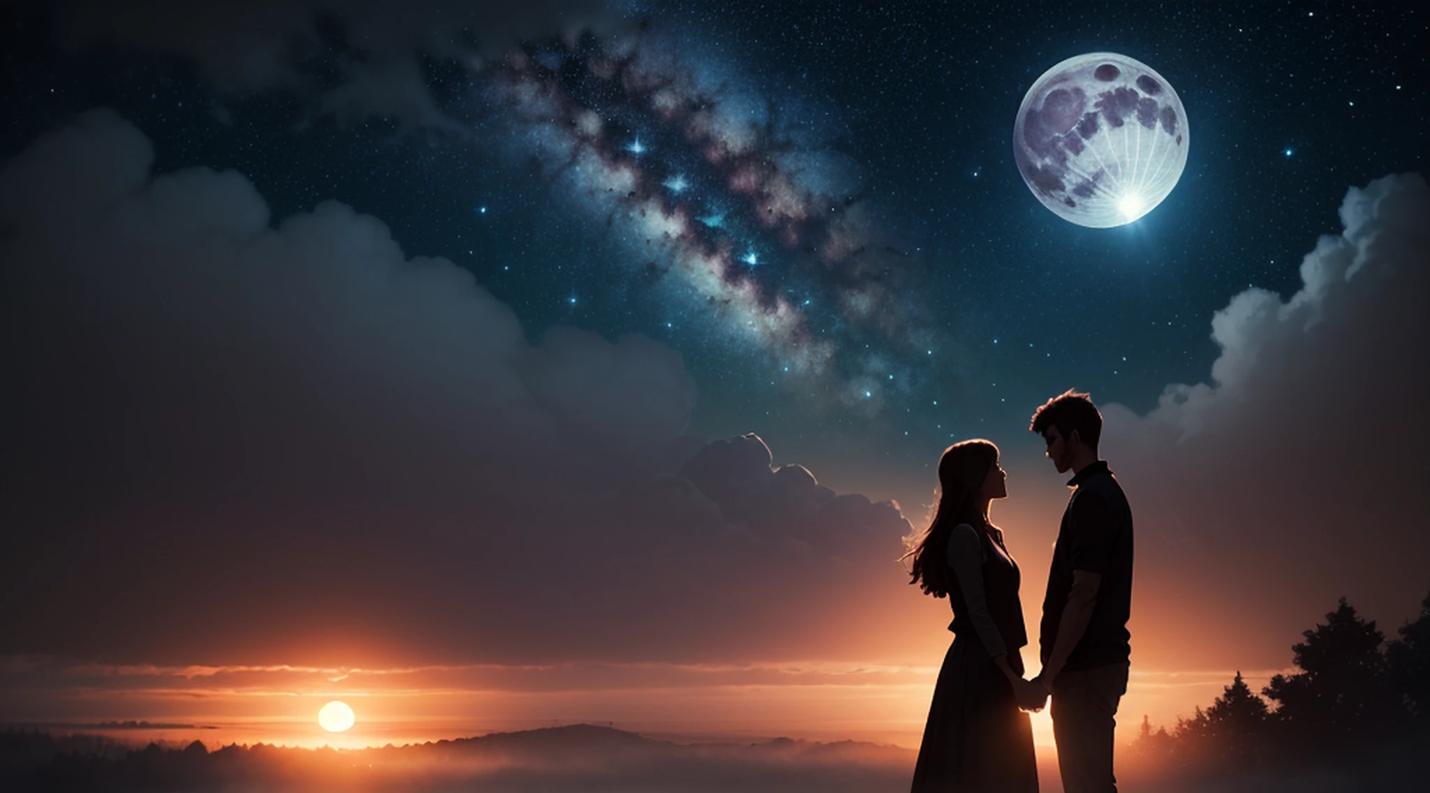 (Under the huge moonlight:1.1), A couple holding hands, (ultra-detailed:1.5), 32k, cinematic angle, floating, (detailed light), beautifully detailed sky, starry sky, (lighting particle), fog, snow, (painting), (sketch), lifelike texture, Hires upscale: 1.7, Hires upscaler: 4x_NMKD-Siax_200k, Denoising strength: 0.45, (illustration), cinematic lighting, (bloom), Luminism, silhouette