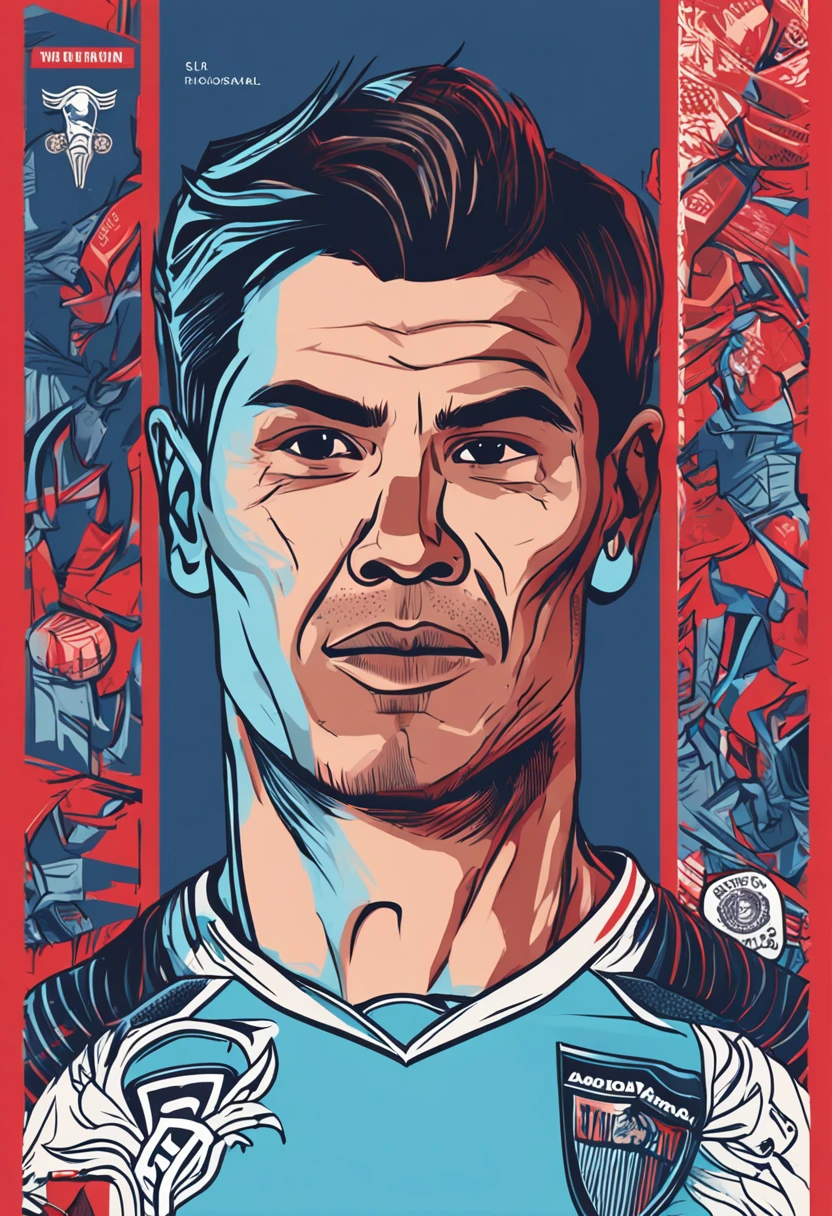 Indonesian footballer. Black medium length hair and no facial hair. Wearing a blue football shirt with red trim on the collar and end of sleeves. The kit manufacturer logo on is adhoc apparel. The club badge is light blue with some white stripes, with a black hexagon in the middle. The main sponsor is Bank DKI, with MS Glow For MEN beneath this main sponsor.