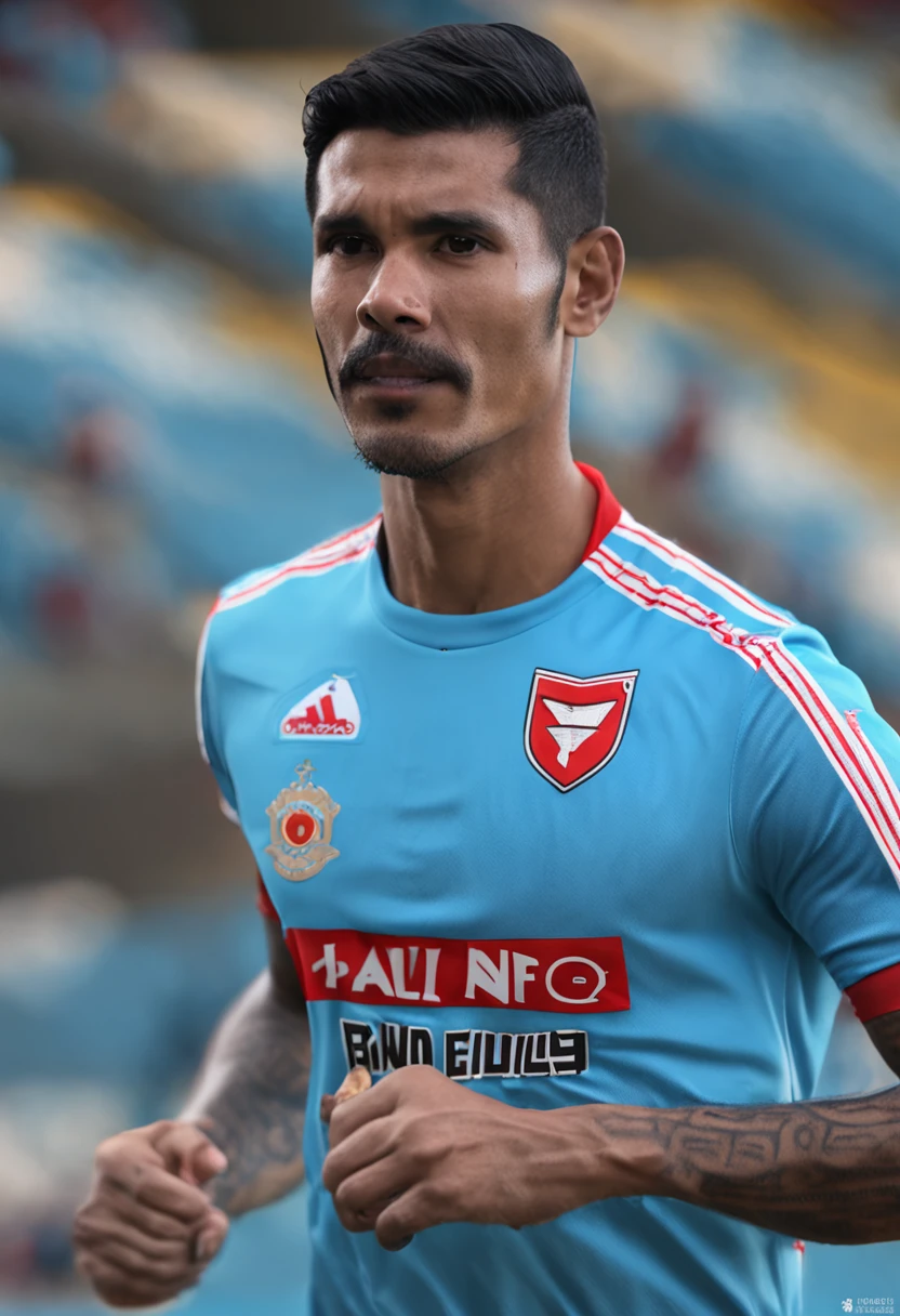 Indonesian footballer.  Black medium length hair and no facial hair.  Wearing a blue football shirt with red trim on the collar and end of sleeves.  The kit manufacturer logo on is adhoc apparel. The club badge is light blue with some white stripes, with a black hexagon in the middle.  The main sponsor is Bank DKI, with MS Glow For MEN beneath this main sponsor.