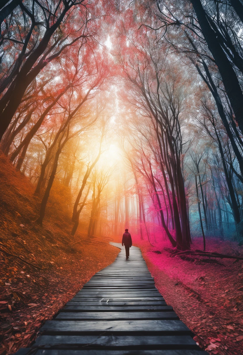 man and woman blurred. ?????. walking in a path. absurdres, highres, ultra detailed, (no human:1.3), BREAK , Create an image using a prism effect, with light refracting and creating a colorful, kaleidoscopic appearance. BREAK , Design an image with a fisheye lens effect, capturing a wide field of view with a distinctive, curved perspective. BREAK , Capture a forest path, with towering trees, dappled sunlight, and a sense of tranquility and natural beauty. BREAK , Illustrate a monochromatic world, using only shades of black, white, and gray to convey depth, emotion, and a striking visual impact.