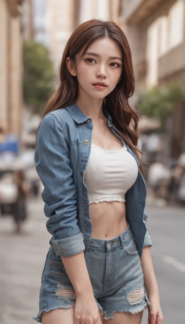 Best Quality, 25 year old girl, alone, long brown hair, discreet smile, looking at viewer, denim jacket over white cropped t-shirt, blue denim shorts, shiny pantyhose, white sneakers, cosmopolitan city setting