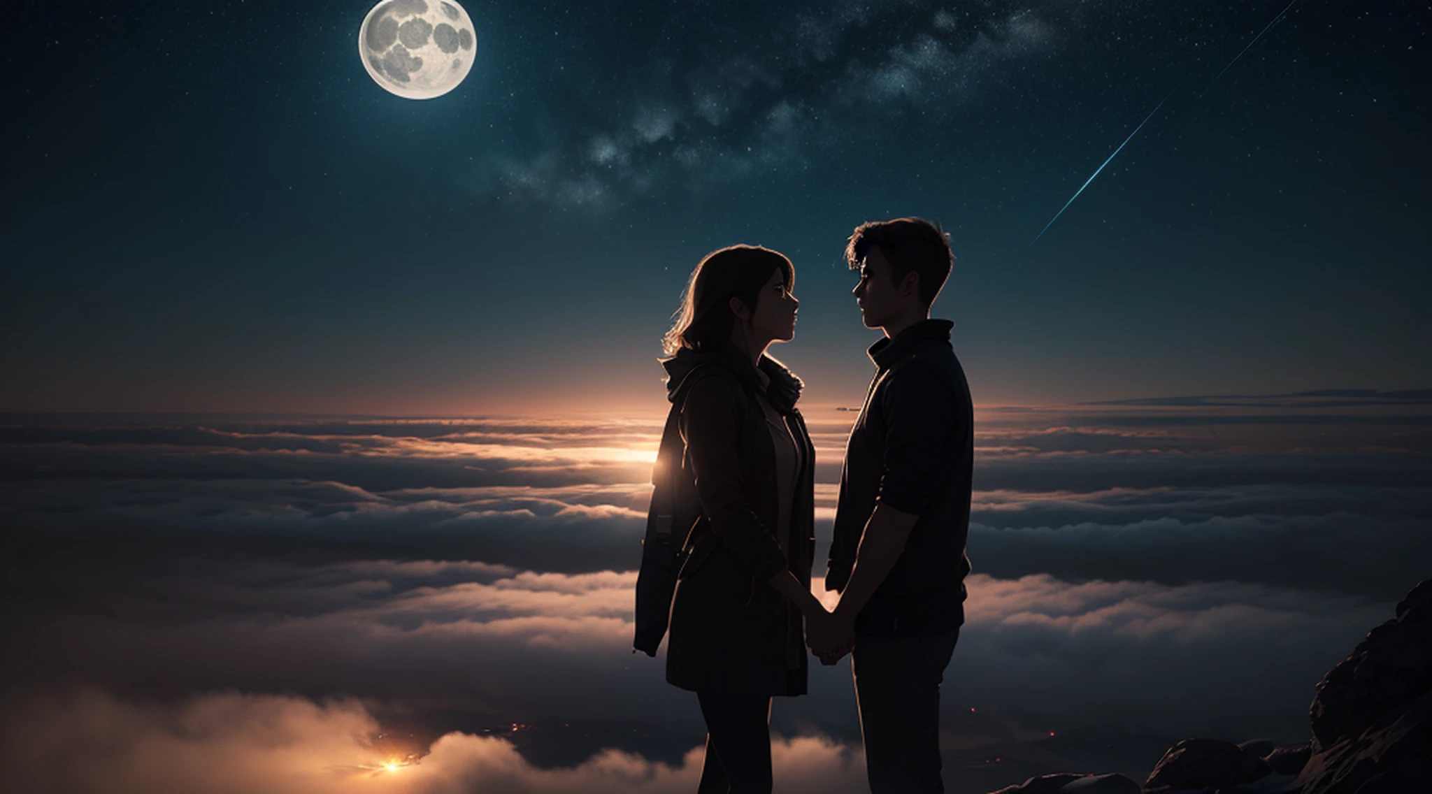 (Under the huge moonlight:1.1), A couple holding hands, (ultra-detailed:1.5), 32k, cinematic angle, floating, (detailed light), beautifully detailed sky, starry sky, (lighting particle), fog, snow, (painting), (sketch), lifelike texture, Hires upscale: 1.7, Hires upscaler: 4x_NMKD-Siax_200k, Denoising strength: 0.45, (illustration), cinematic lighting, (bloom), Luminism, silhouette