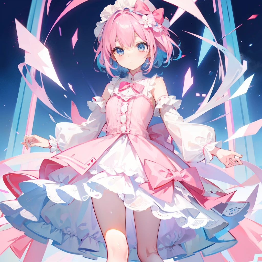 Short pink-blue hair，Wearing a pink and white bow princess dress，White stockings，She is a cute cute girl