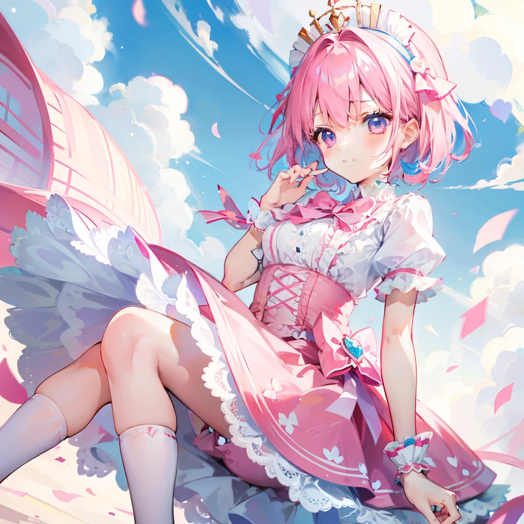 Short pink-blue hair,Wearing a pink and white bow princess dress,White stockings,She is a cute cute girl