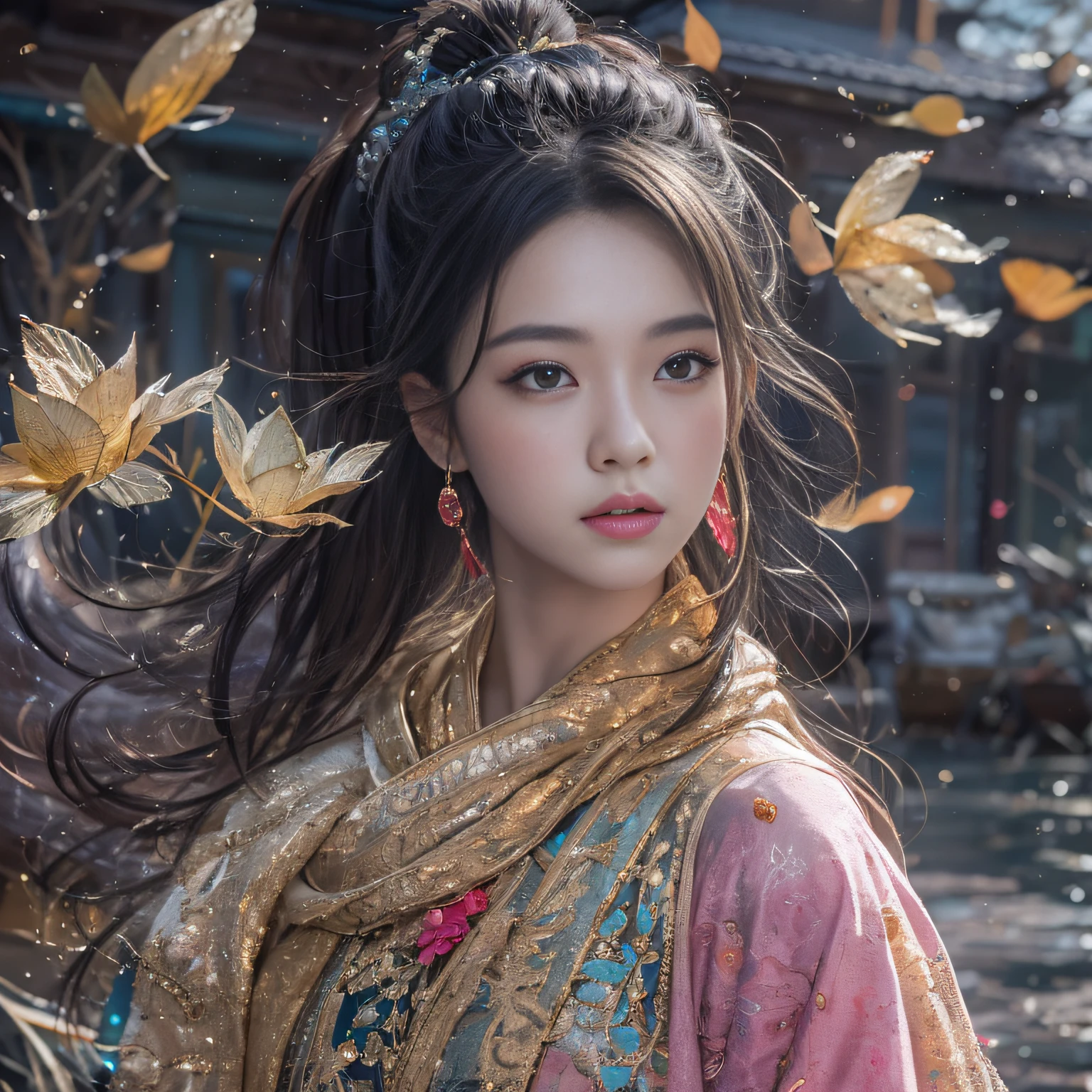 32K(tmasterpiece,k hd,hyper HD,32K)Long flowing black hair,ponds,zydink, a color, Xuzhou people (Slightly drunk girls), (Rouge scarf), Combat posture, looking at the ground, long whitr hair, Floating hair, Carp pattern headdress, Chinese long-sleeved clothing, (Abstract gouache splash:1.2), Pink petal background,Pink and white lotus flowers fly(realisticlying:1.4),Black color hair,Fallen leaves flutter,The background is pure, A high resolution, the detail, RAW photogr, Sharp Re, Nikon D850 Film Stock Photo by Jefferies Lee 4 Kodak Portra 400 Camera F1.6 shots, Rich colors, ultra-realistic vivid textures, Dramatic lighting, Unreal Engine Art Station Trend, cinestir 800,Long flowing black hair,see-through transparent clothes
