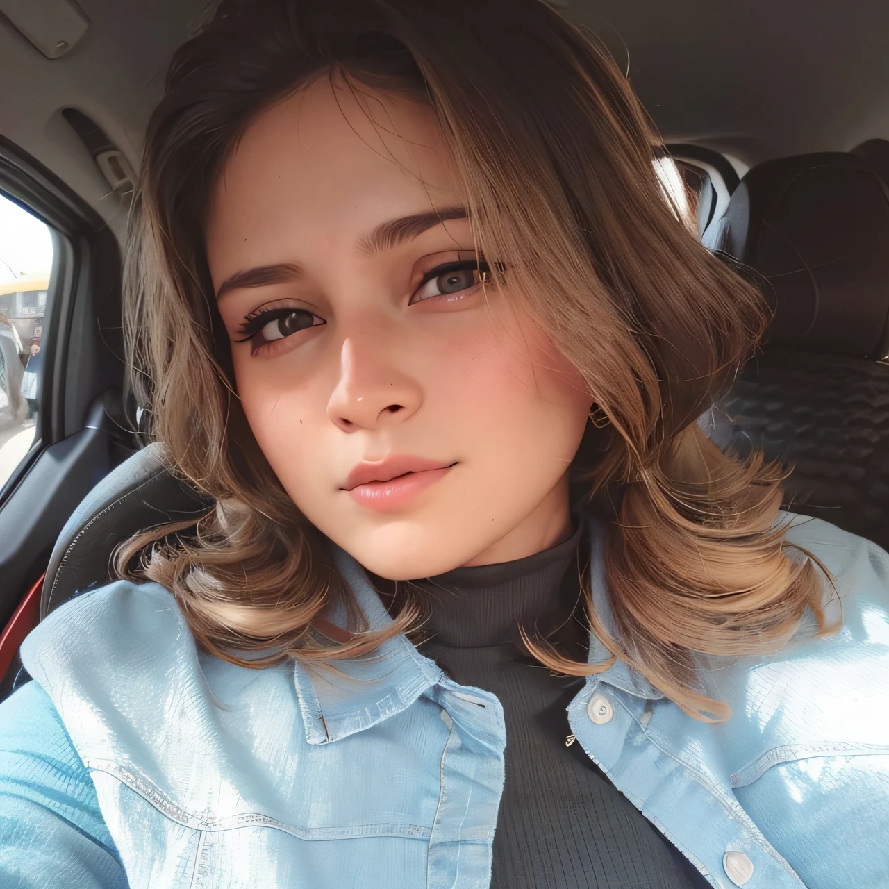 Mulher em um carro com uma jaqueta jeans e uma gola alta preta, imagem de perfil, 🤤 retrato da , imagem do avatar, 8k)), foto de perfil headshot, Directed by: Nandor Soldier, foto do perfil, imagem profissional, Ekaterina, imagem frontal, Anastasia Ovchinnikova, foto colorida, Moleksandra Shchaslyva