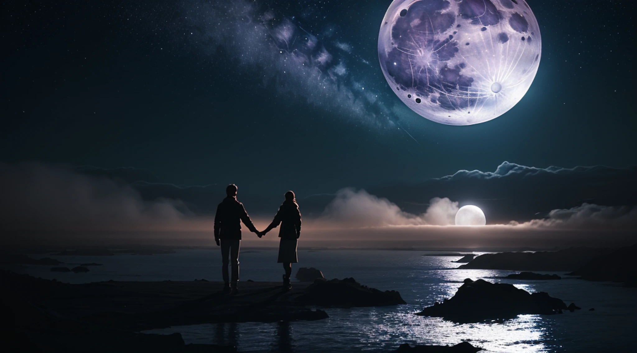(Under the huge moonlight:1.5), A couple holding hands, (ultra-detailed:1.5), 32k, cinematic angle, floating, (detailed light), beautifully detailed sky, starry sky, (lighting particle), fog, snow, (painting), (sketch), lifelike texture, Hires upscale: 1.7, Hires upscaler: 4x_NMKD-Siax_200k, Denoising strength: 0.45, (illustration), cinematic lighting, (bloom), Luminism, silhouette