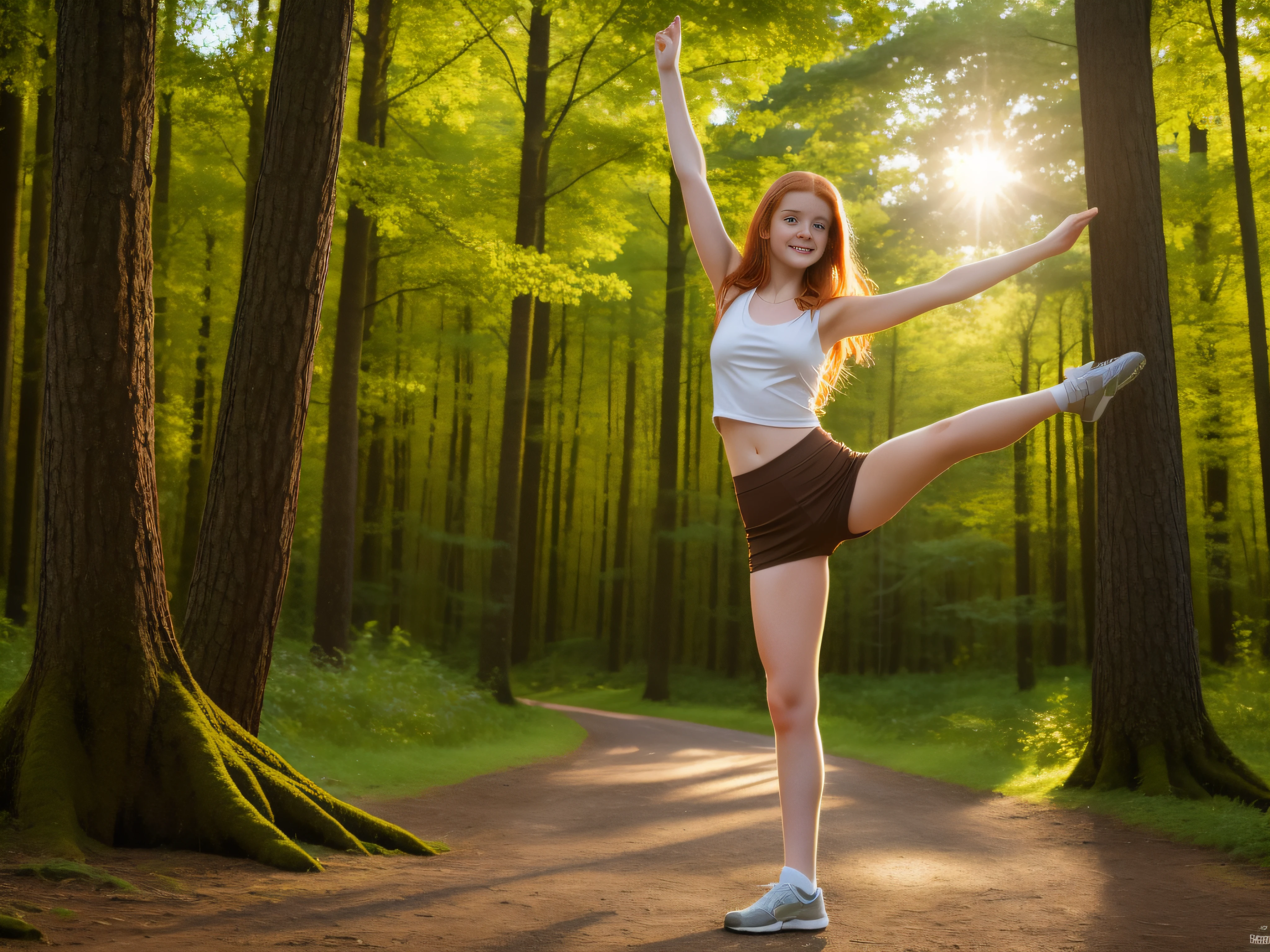 ultra realistic image, a ginger ager girl, cute face, green eyes, with a little freckles, stretching, a top, full body, at dawn, at the forest