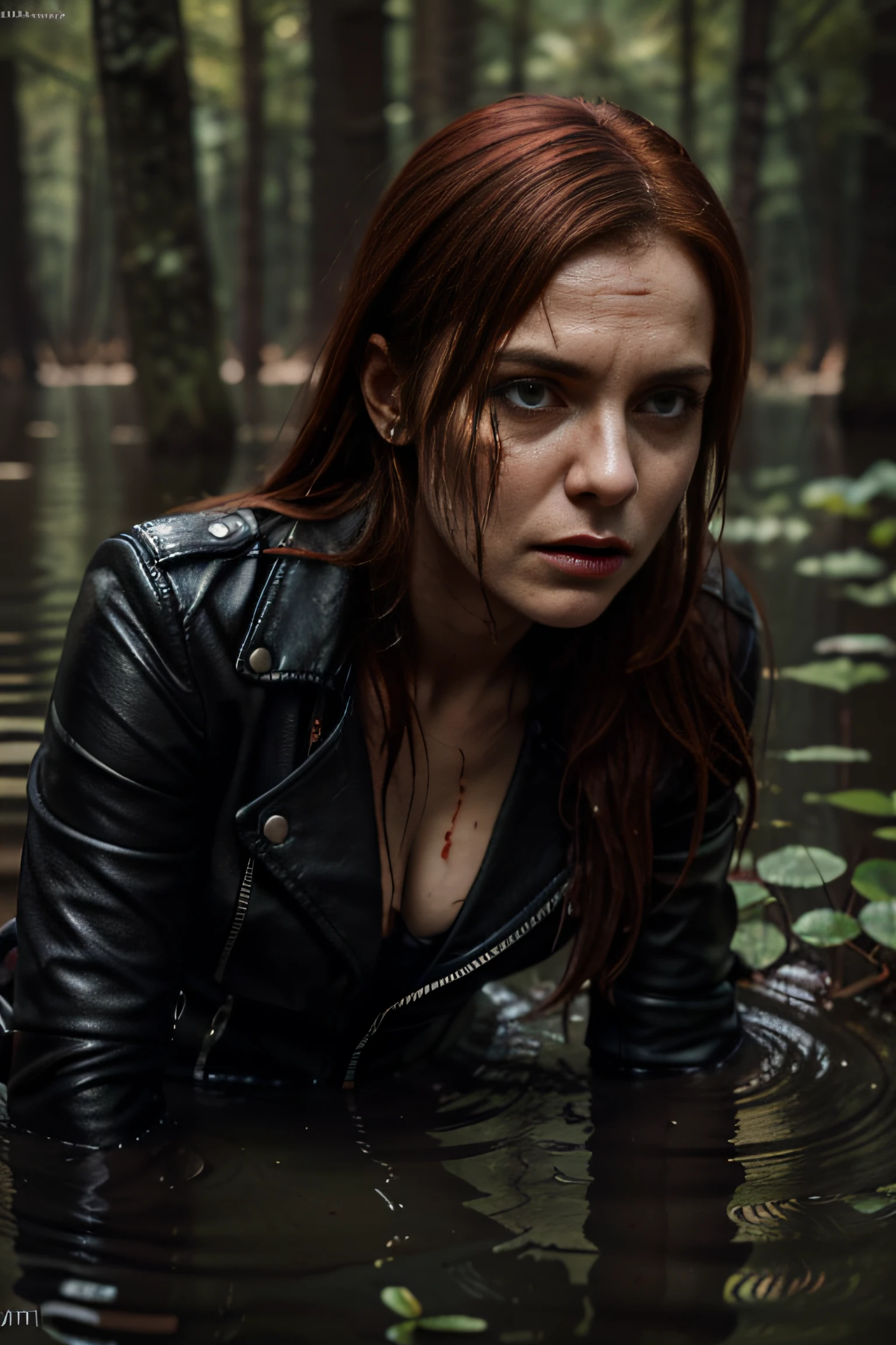 Hyper-realistic, ultradetailed, Raw, tmasterpiece. (a closeup of a). A night in a dark forest. A woman is depraved drowning in a swamp. The swamp sexually devours her body. ((on face: fright, perplexity)). mini skirt, black stockings with garters on the legs, Black leather biker jacket, black stiletto heels, shortness of breath, shameful, loses control of himself, ((Trapped in lust, worn out, defenseless)), Copper-red hair