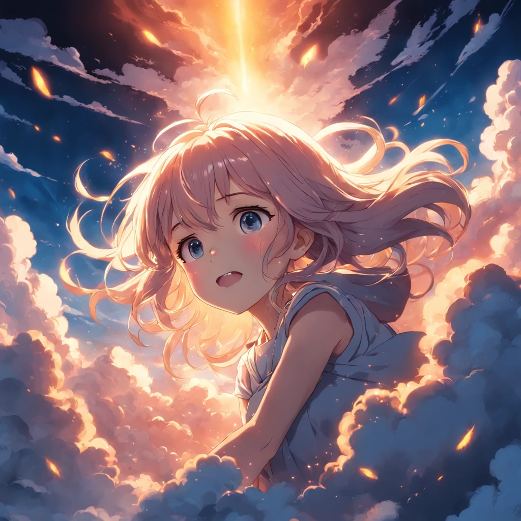 masterpiece, best quality, movie still, 1girl, cloud girl, floating in the sky, close-up, bright, happy, warm soft lighting, sunset, (sparks:0.7)