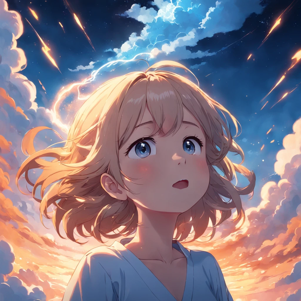 masterpiece, best quality, movie still, 1girl, cloud girl, floating in the sky, close-up, bright, happy, warm soft lighting, sunset, (sparks:0.7)