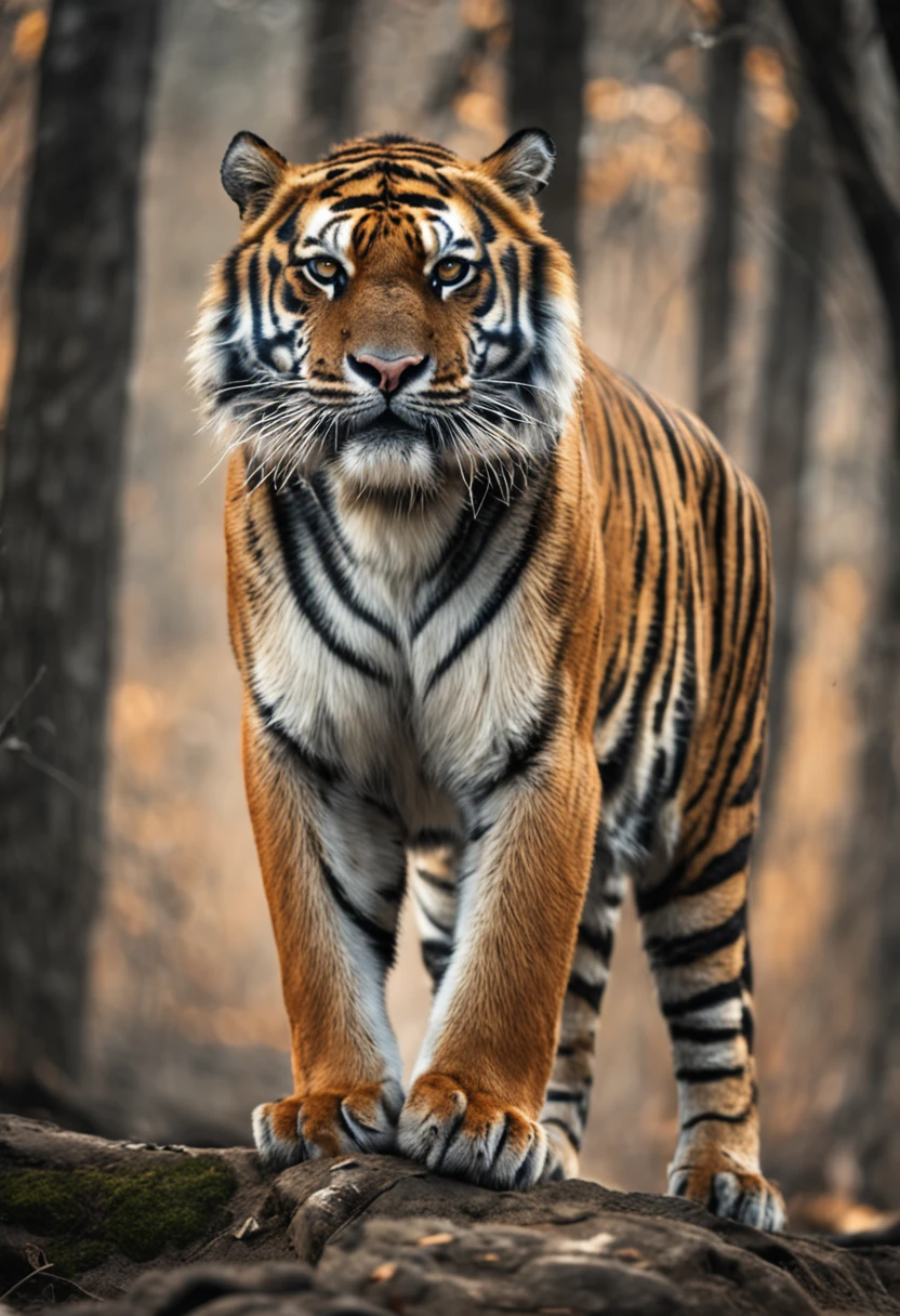 "A majestic and powerful tiger in its natural habitat, with piercing eyes, sleek fur, and a strong presence, capturing its grace and strength in stunning detail."
