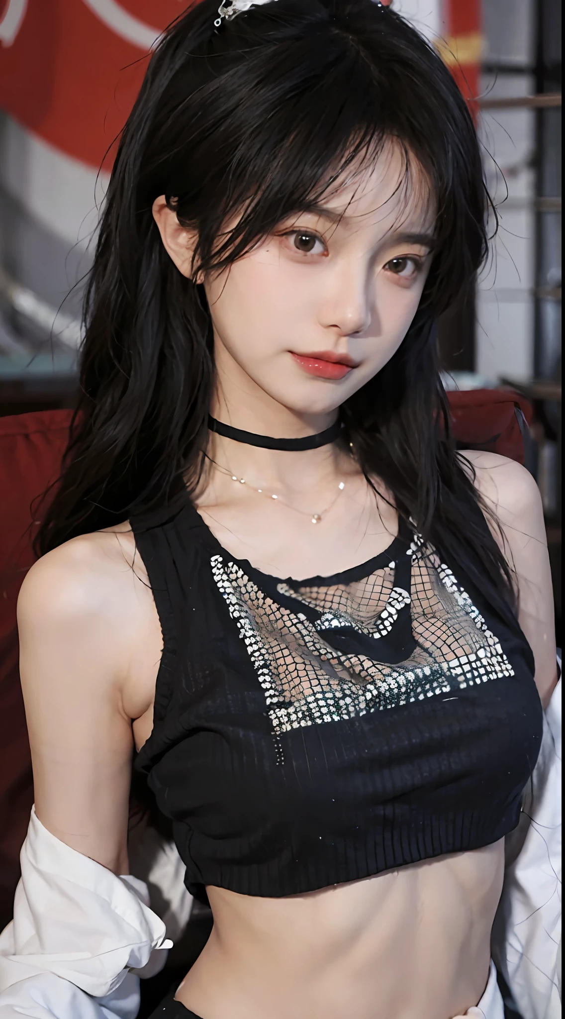 best qualtiy, 超高分辨率, (realisticlying:1.4),cute hairpin,1girll,Red long-haired,Cropped black sweater ,Beautiful woman with a slim figure:1.4, Pronounced abs:1.4, On the island,Ultra-fine face,Elaborate Eyes,二重まぶた,choker necklace