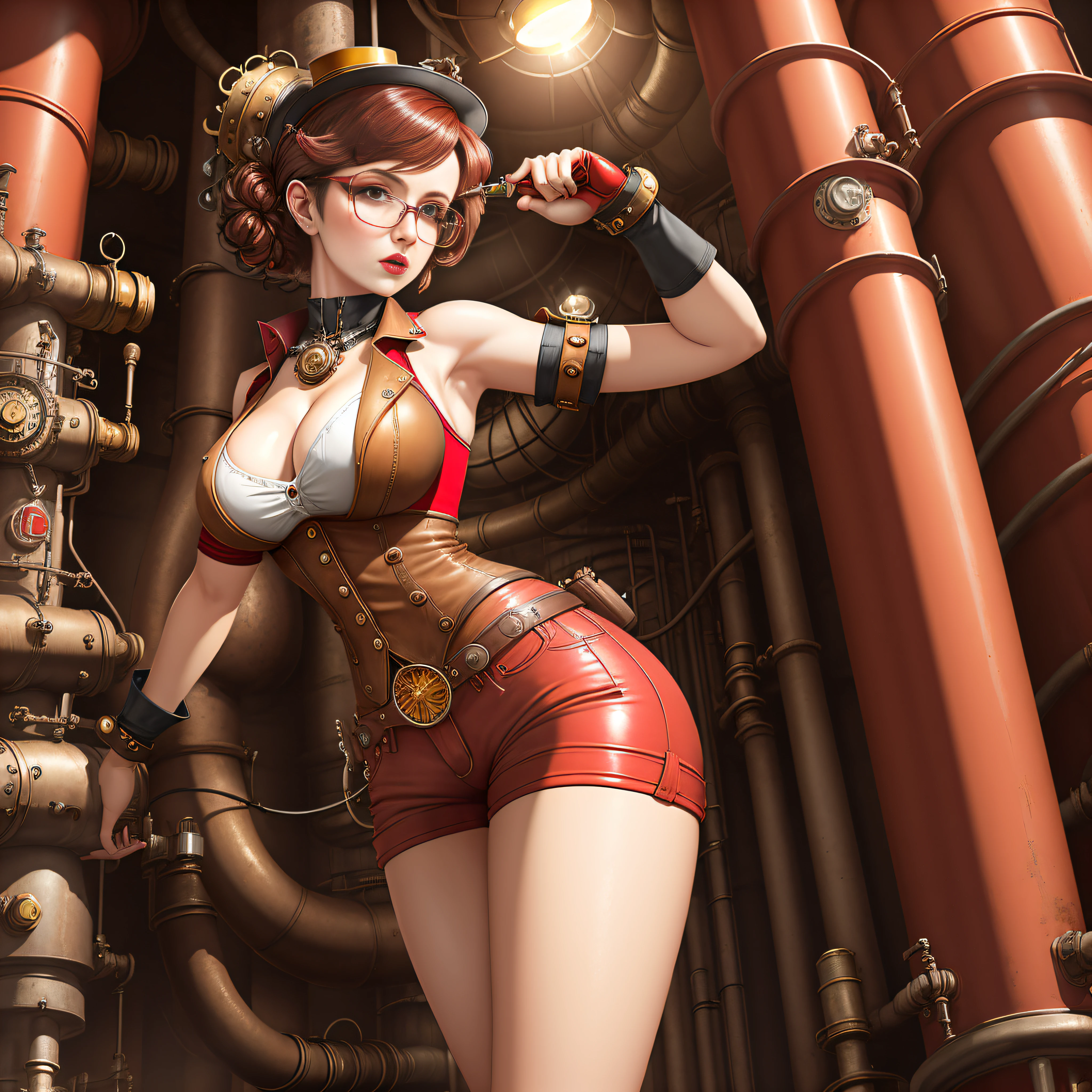 one woman in steampunk heating plant, Centre composition, red, red glasses, short pants, pin-up pose, sexy, dominant, erotic, sexy, pipes with valves