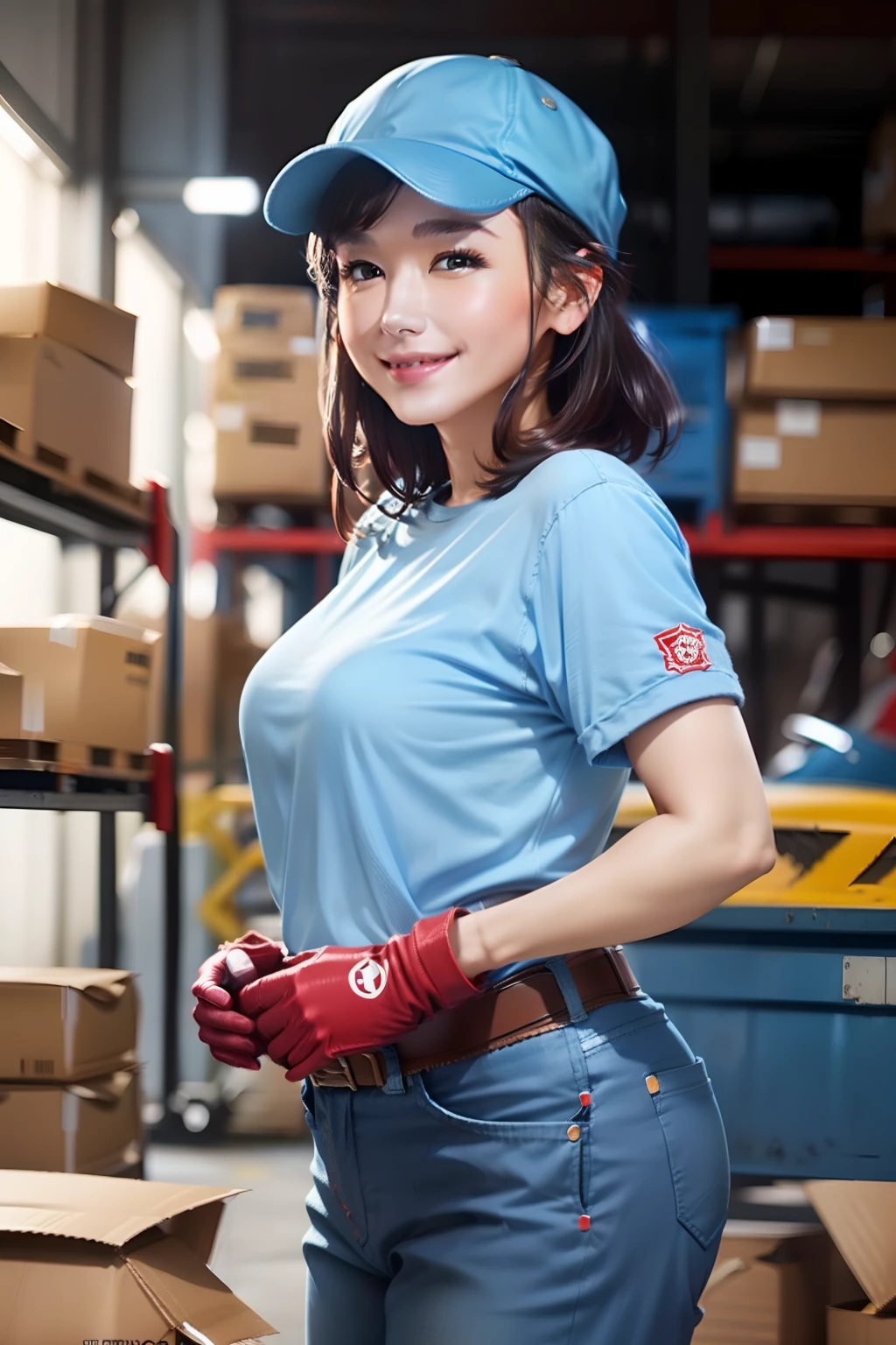 Thicker body shape, Smile, Dark hair, short-cut, Very small bust, Light blue short sleeve workwear, denim pant, Red gloves, Light Blue Cap, Warehouse and forklift background
