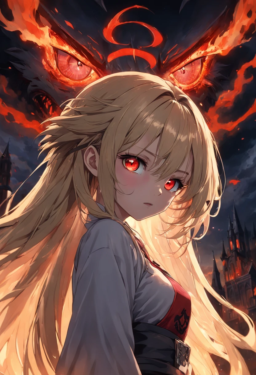 masterpiece, best quality, sidelighting, finely detailed beautiful eyes, realistic, (vampire:1.4), glowing eyes, blonde hair, red eyes, posing, very long hair, lustrous skin, solo, embarassed, cross, church, fire, (flying bats:1.4),