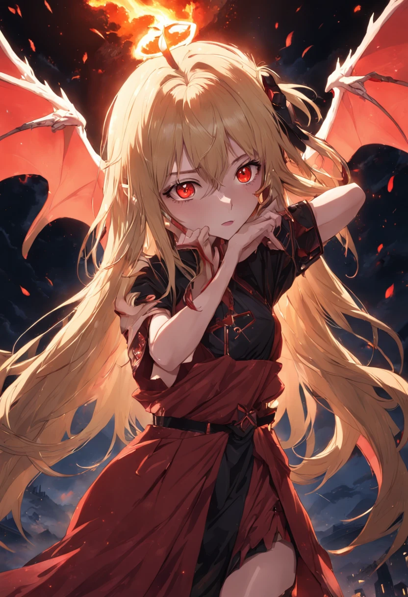 masterpiece, best quality, sidelighting, finely detailed beautiful eyes, realistic, (vampire:1.4), glowing eyes, blonde hair, red eyes, posing, very long hair, lustrous skin, solo, embarassed, cross, church, fire, (flying bats:1.4),
