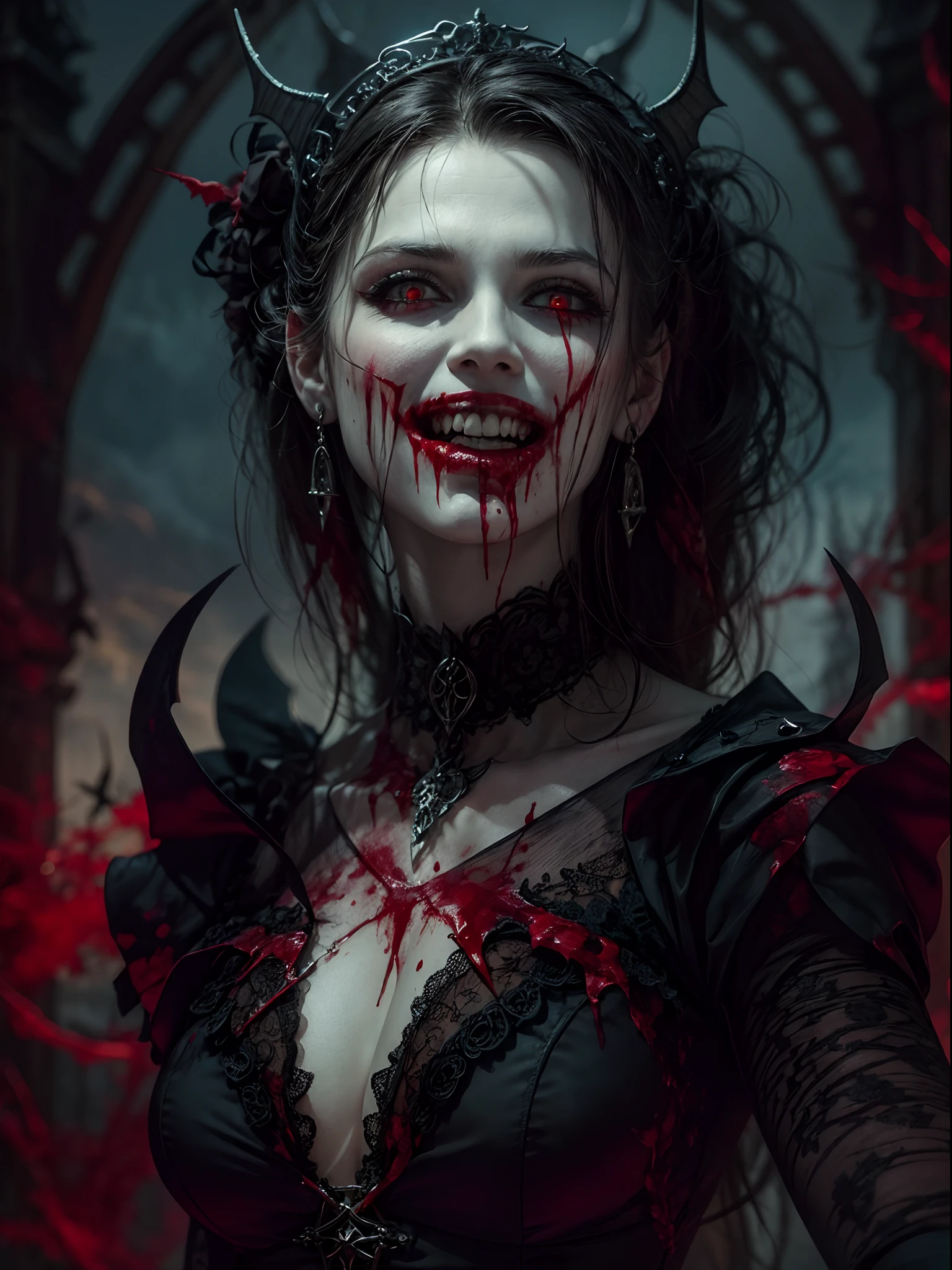 "(close up potrait), Dark fantasy, gothic style, vampire queen, wearing a gothic-style dress, with a bloodthirsty smile and blood on the face, body, and a blood moon in the background. The scene is set in a gothic castle with lots of bats, emphasizing the pale skin and glowing eyes."