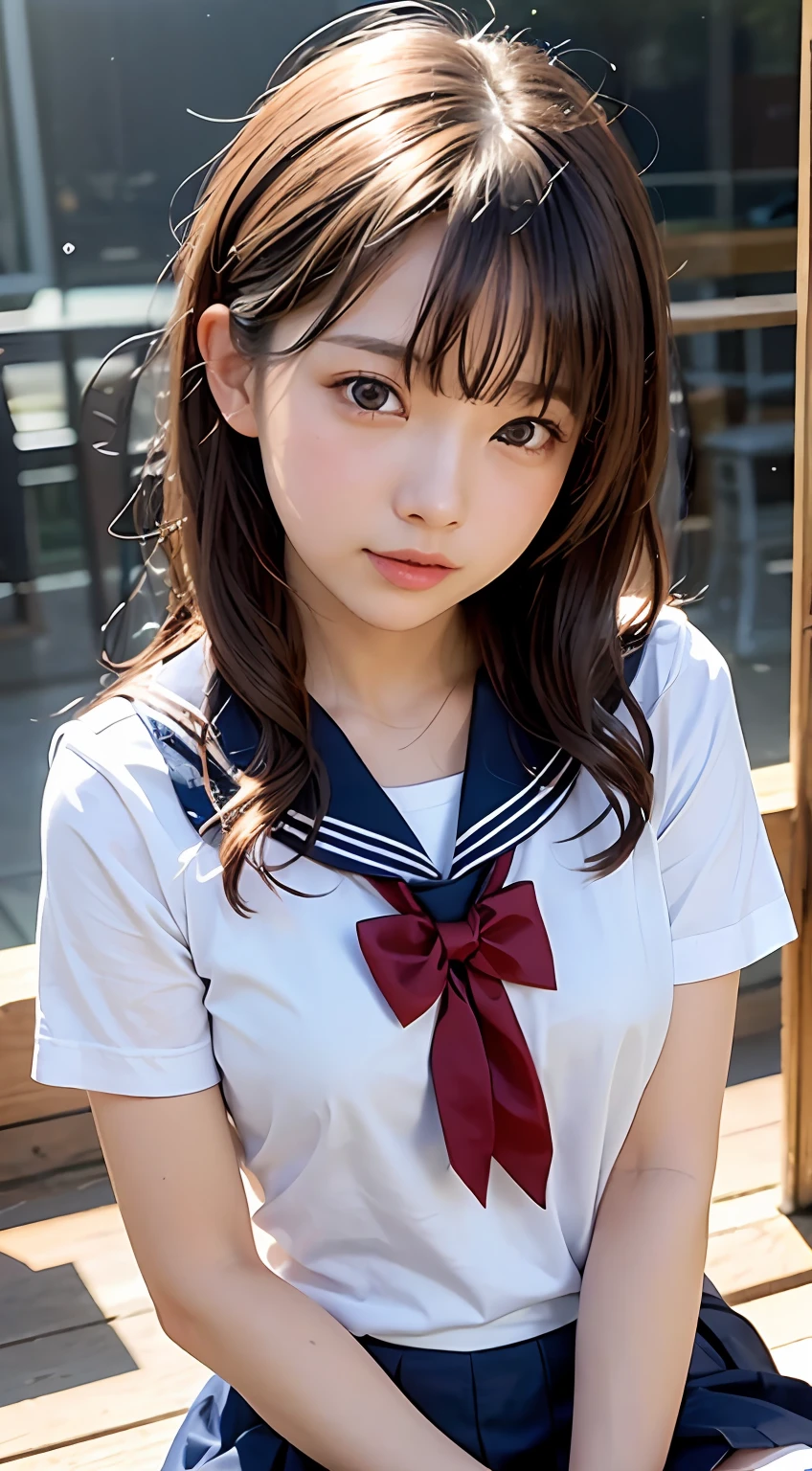 (Mastepiece, highest quality: 1.2), 8K, official art, raw photo, full body Esbian, red camisole, facing upwards, medium hair, thin build, 15 years old, small breasts, smile, (upper body, sailor suit on top, skirt on bottom, Serafuku: 1.4), Beautiful girl, Beautiful face, Curved back, Cute pants, Golden hair ornament, Close-up, School uniform, Short sleeves, Gardenia, Violaces, Street, Looking at the viewer, Film grain, Chromatic aberration, Sharp focus, Face Lights, Dynamic Lighting, Cinematic Lighting, Detailed Eyes and Faces, Background Bokeh, (1 Dark Red Bow Tie: 1.2), Waist Shot,
