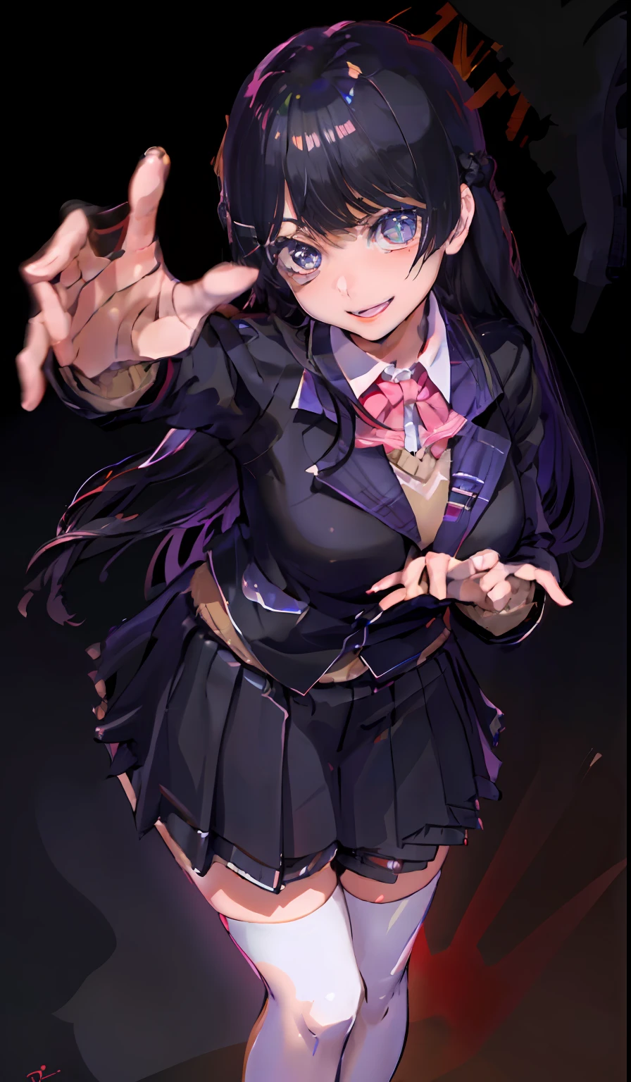 One girl,tsukino_mito,glossy black hair,black eyebrows,long eyelashes,beautiful starry shining eyes,healthy red cheeks,bright smile,mouth open,wearing school uniform,hands folded behind her back,beautiful gradient dusk,standing,viewpoint,highest quality,anaglyph,stereogram,atmospheric perspective,8K,super detail