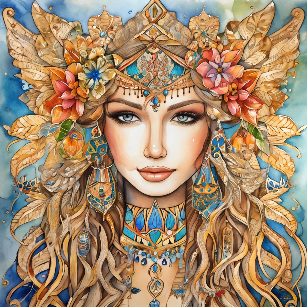8K raw photo, Best quality, masterpiece, ultra high res, (zentangle, mandala, tangle, entangle),colorful,(photorealistic:1.4), PerfectNwsjMajic,raw photo, 1girl,tall female, skinny, slim_legs, solo,(perfect body shape),holy light,gold foil,gold leaf art,glitter drawing,(full body),